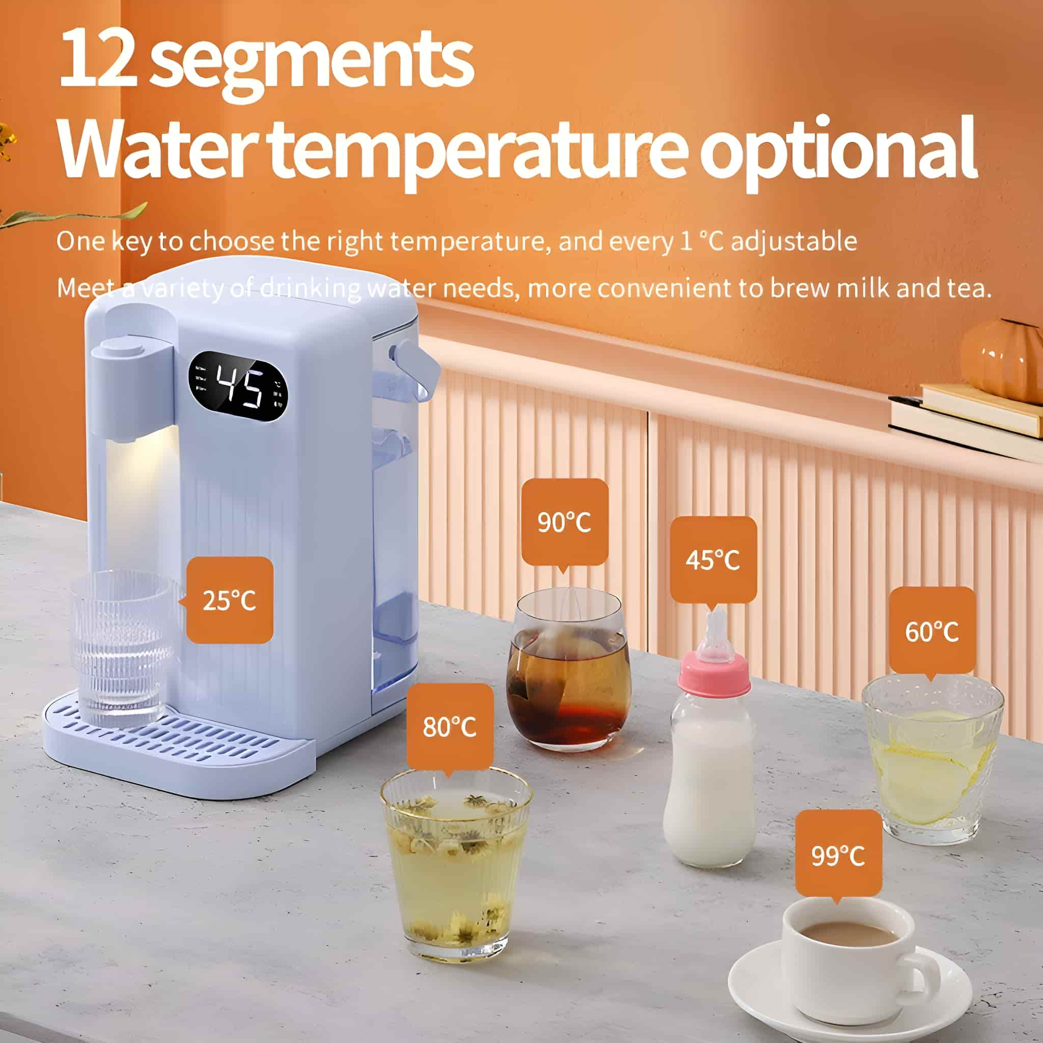 Ein weißer Wasserspender mit Temperatureinstellungen und verschiedenen Getränken.