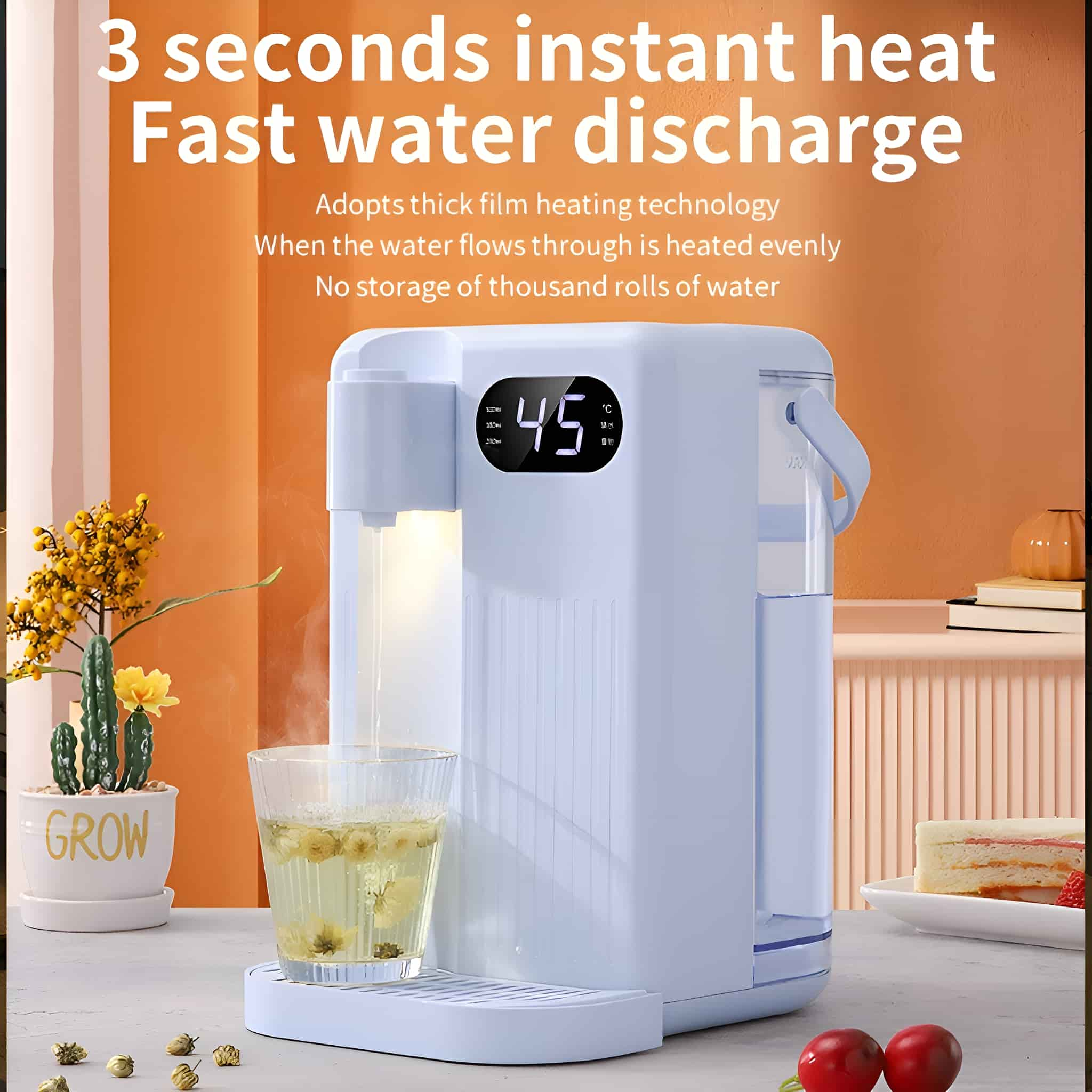 Ein weißer Wasserspender mit digitaler Anzeige, die die Temperatur anzeigt und Wasser in ein Glas gießt.