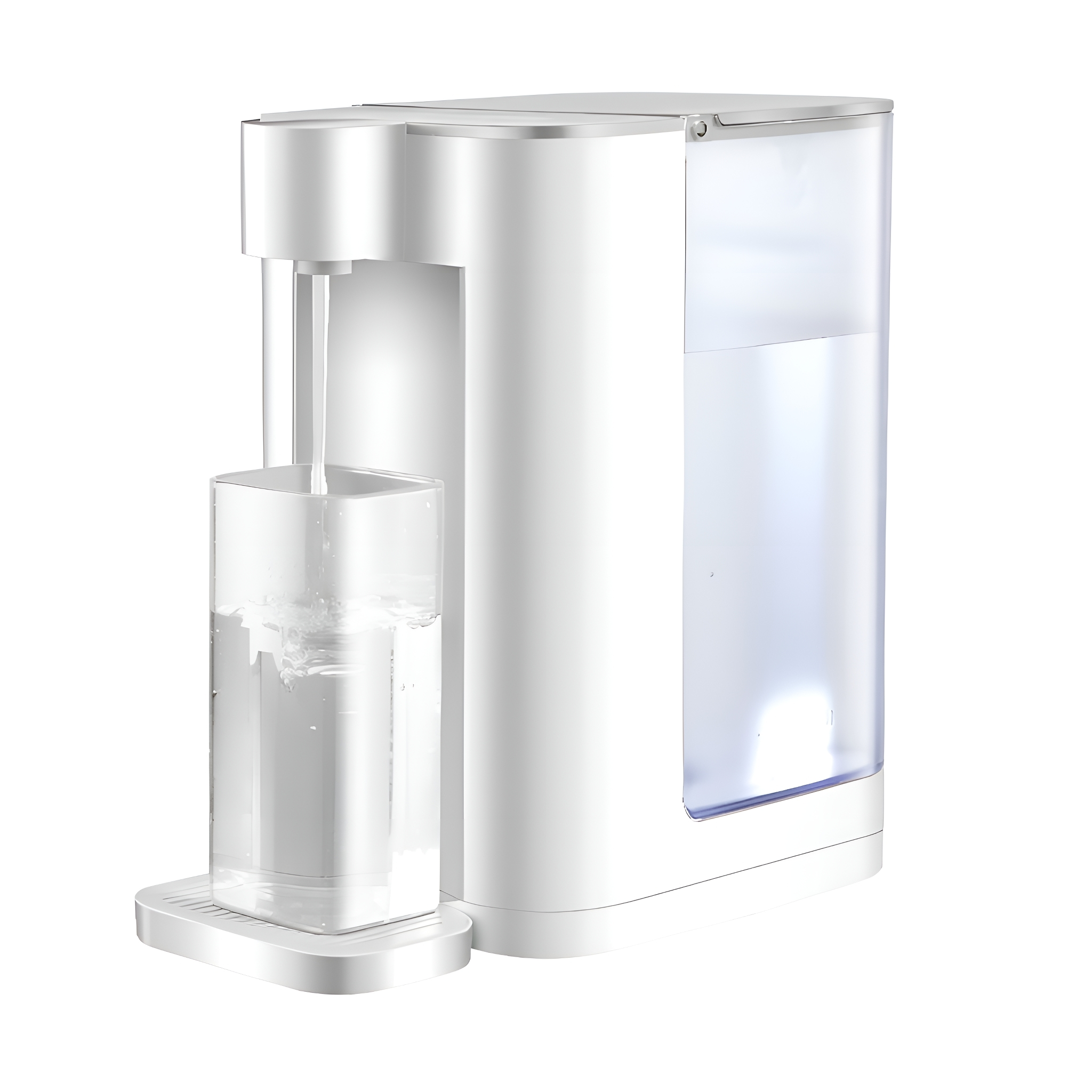 Weißer Wasserspender. Wasser fließt in ein Glas. Klares Wasser und Glas. Weißer Hintergrund.