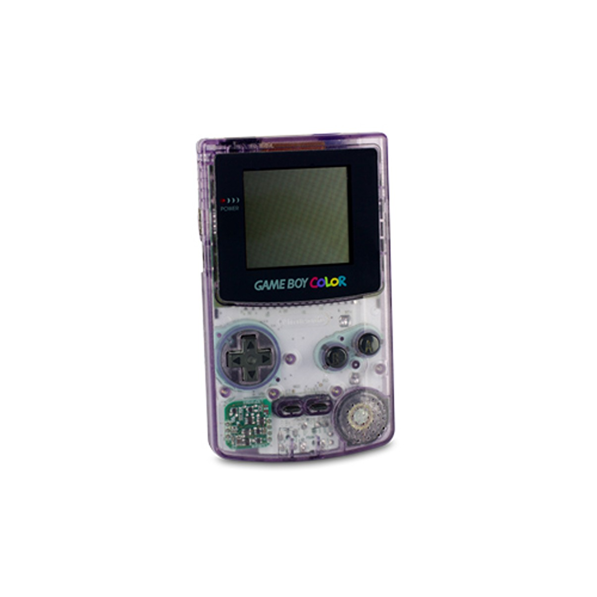 Lila Game Boy Color Konsole auf weißem Hintergrund, Vorderansicht.