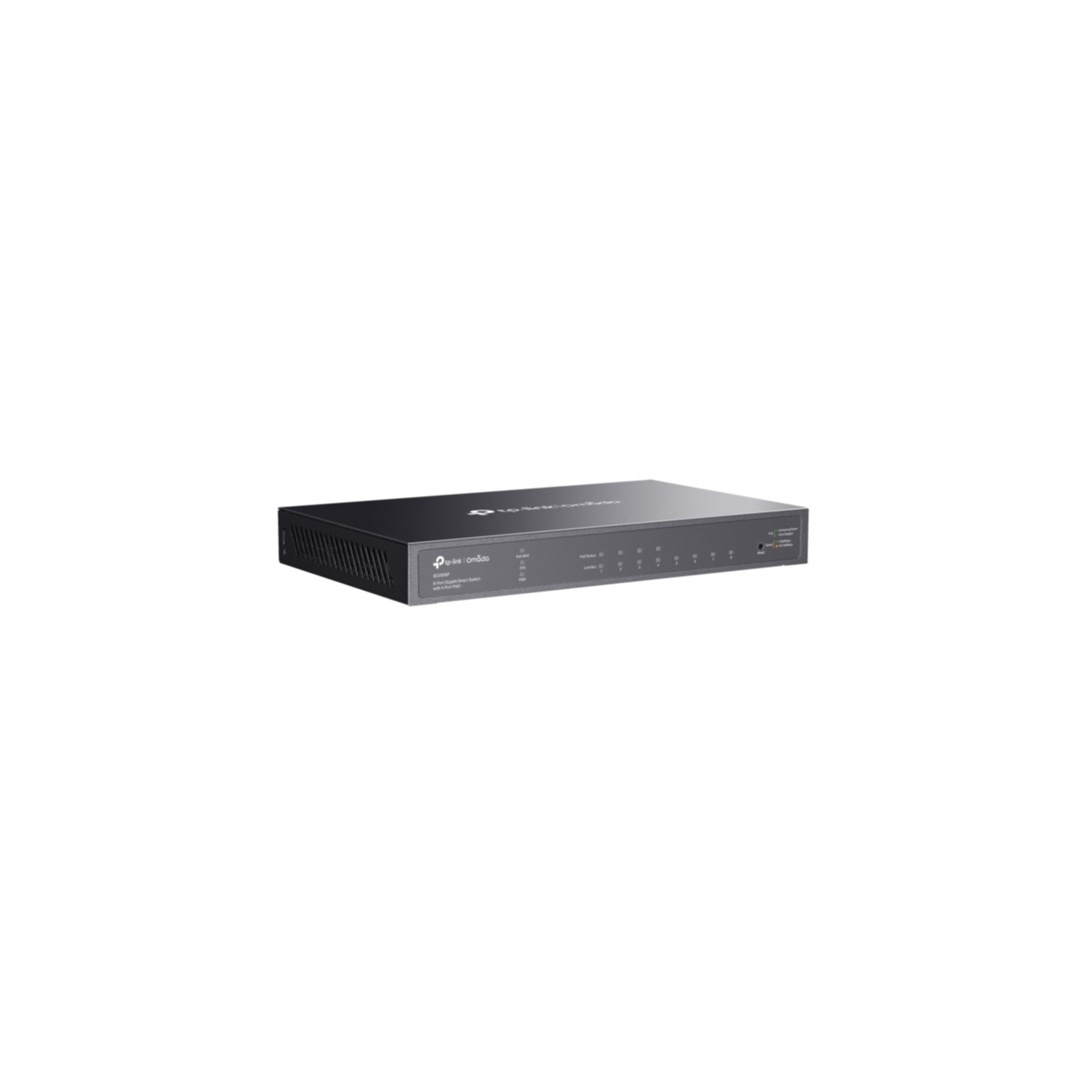 Black TP-Link network router on a white background, horizontal view.