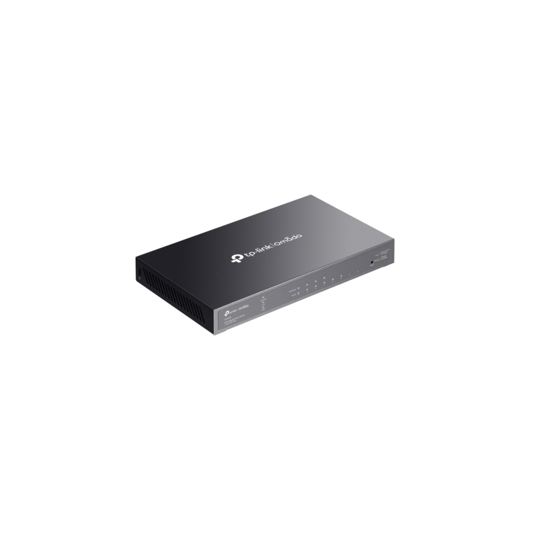 Black TP-Link network switch. It has multiple ports on front. White background.
