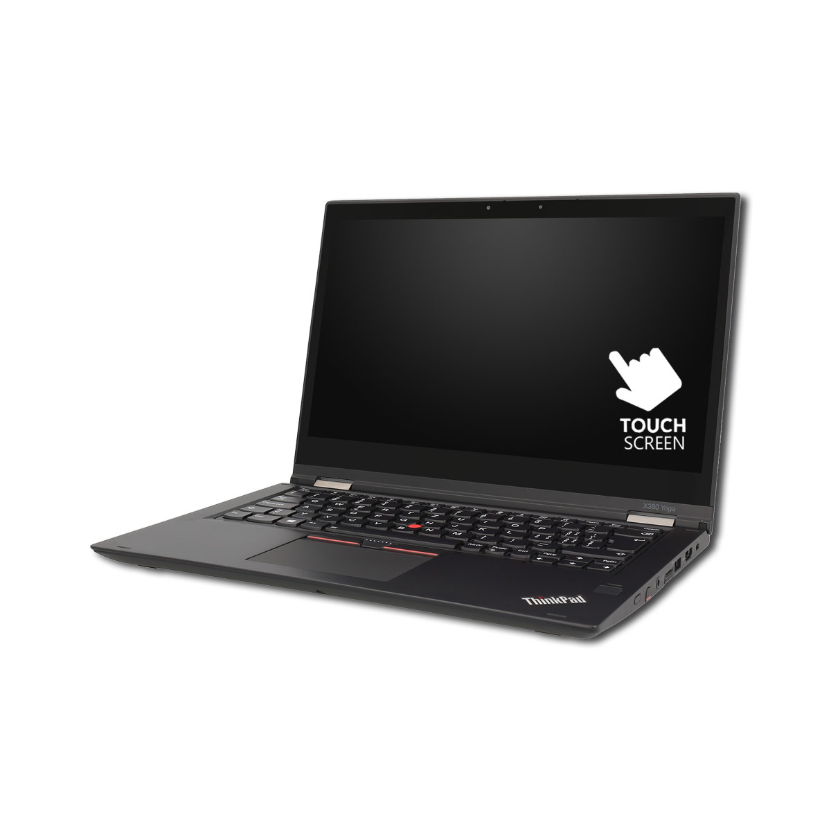 Ein schwarzer Laptop mit Touchscreen-Etikett. Der Bildschirm ist schwarz.