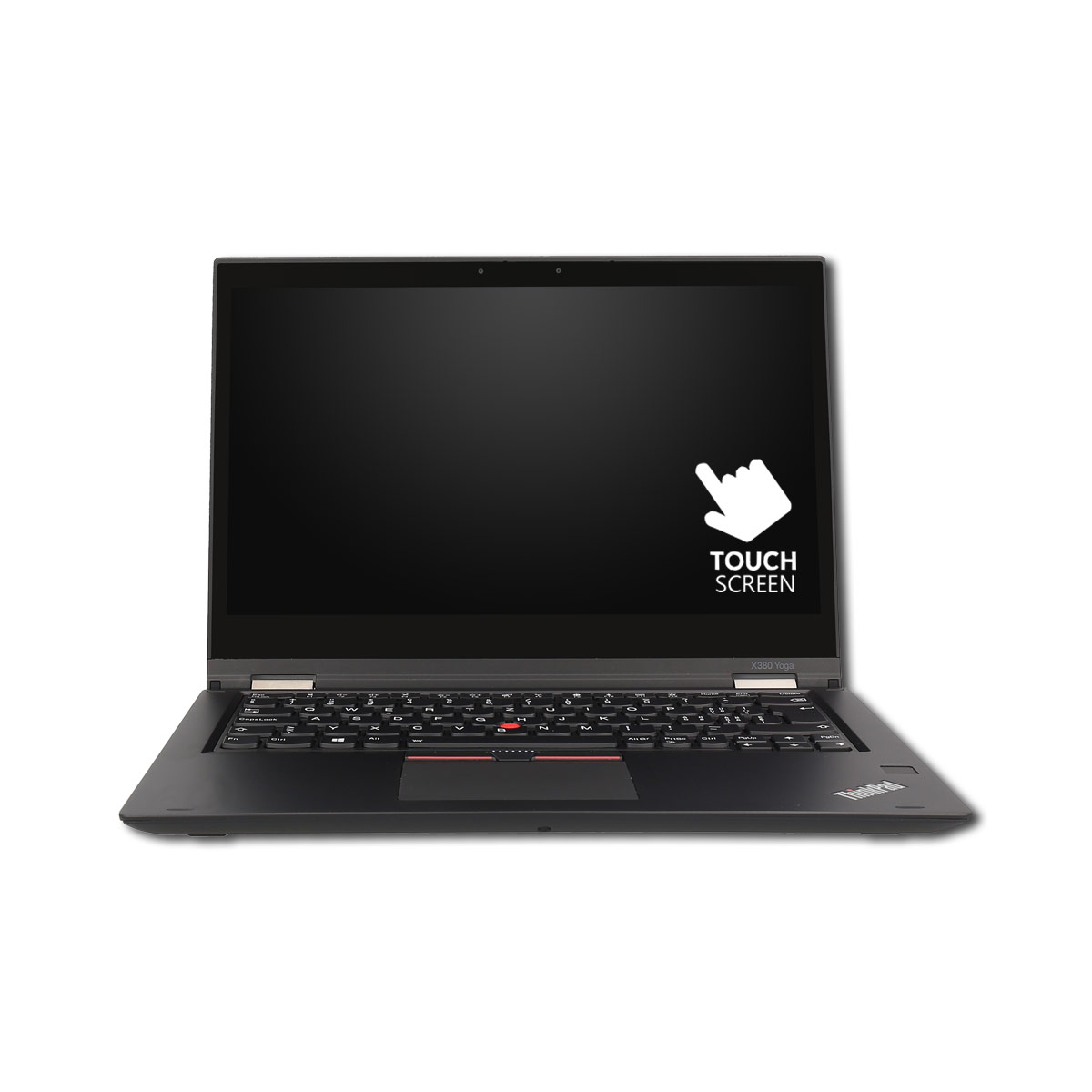 Ein schwarzer Laptop mit Touchscreen-Text auf dem Display.