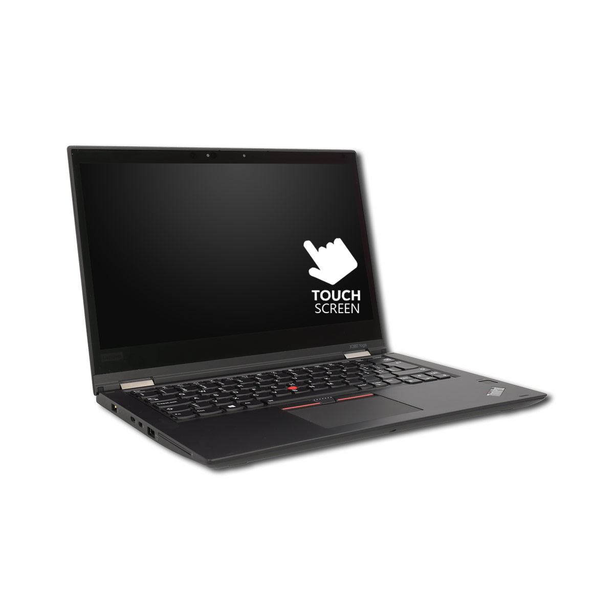Schwarzer Laptop, Touchscreen, mit einem Finger-Symbol. Isoliert auf Weiß, geschlossener Deckel.