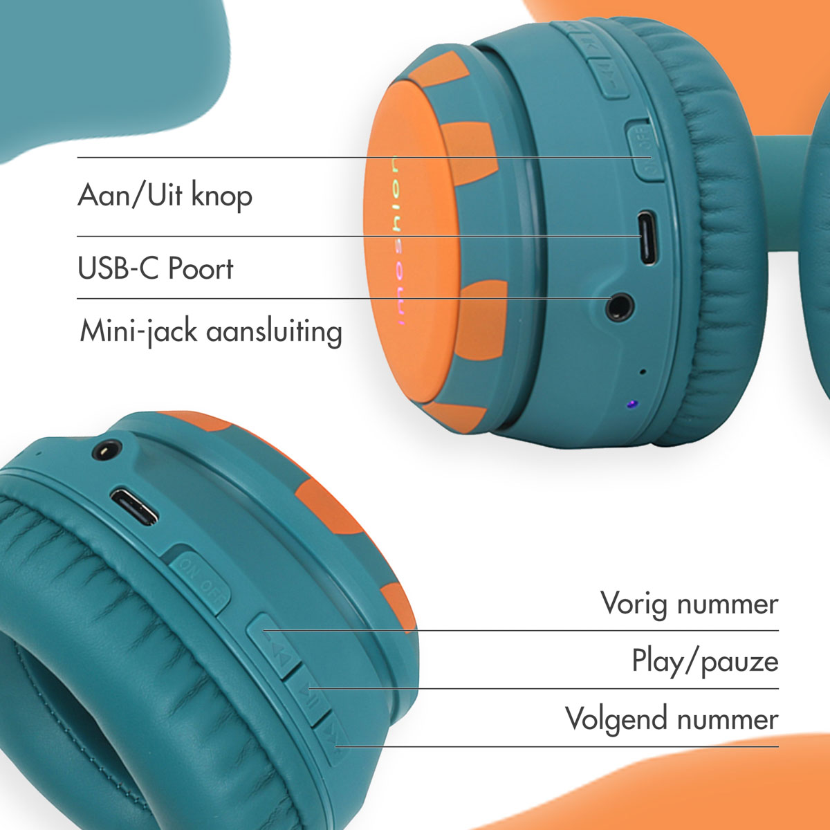 Hoofdtelefoon met oranje accenten, gelabeld: aan/uit, USB-C poort, mini-jack. Bediening: vorige, afspelen/pauzeren, volgende.