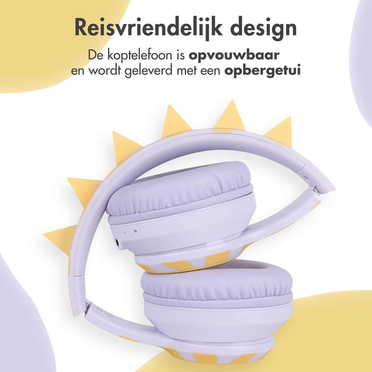 Opvouwbare koptelefoon, wit en geel, met een dinosaurusachtig ontwerp bovenop.