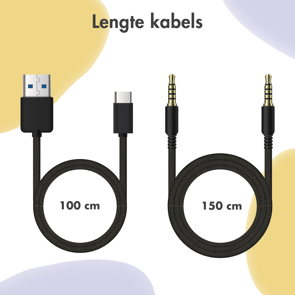 Twee kabels: USB naar USB-C op 100cm, en een andere met 3,5mm jack op 150cm, beide zwart met ring.
