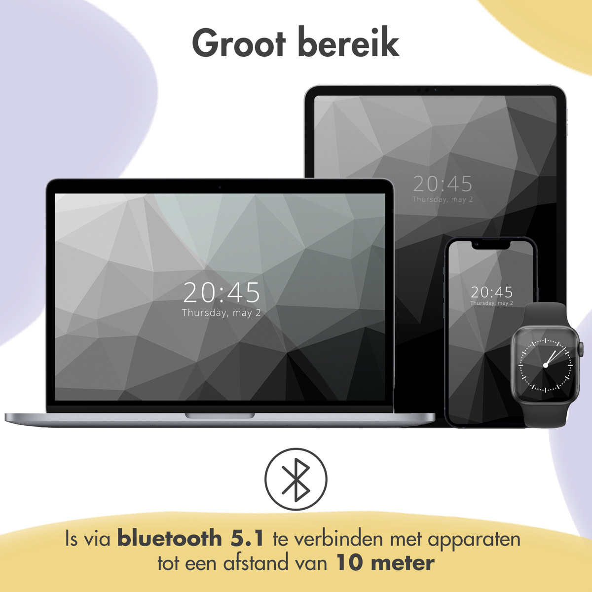 Apparaten: Laptop, tablet, telefoon en smartwatch, elk met dezelfde tijd op het scherm.