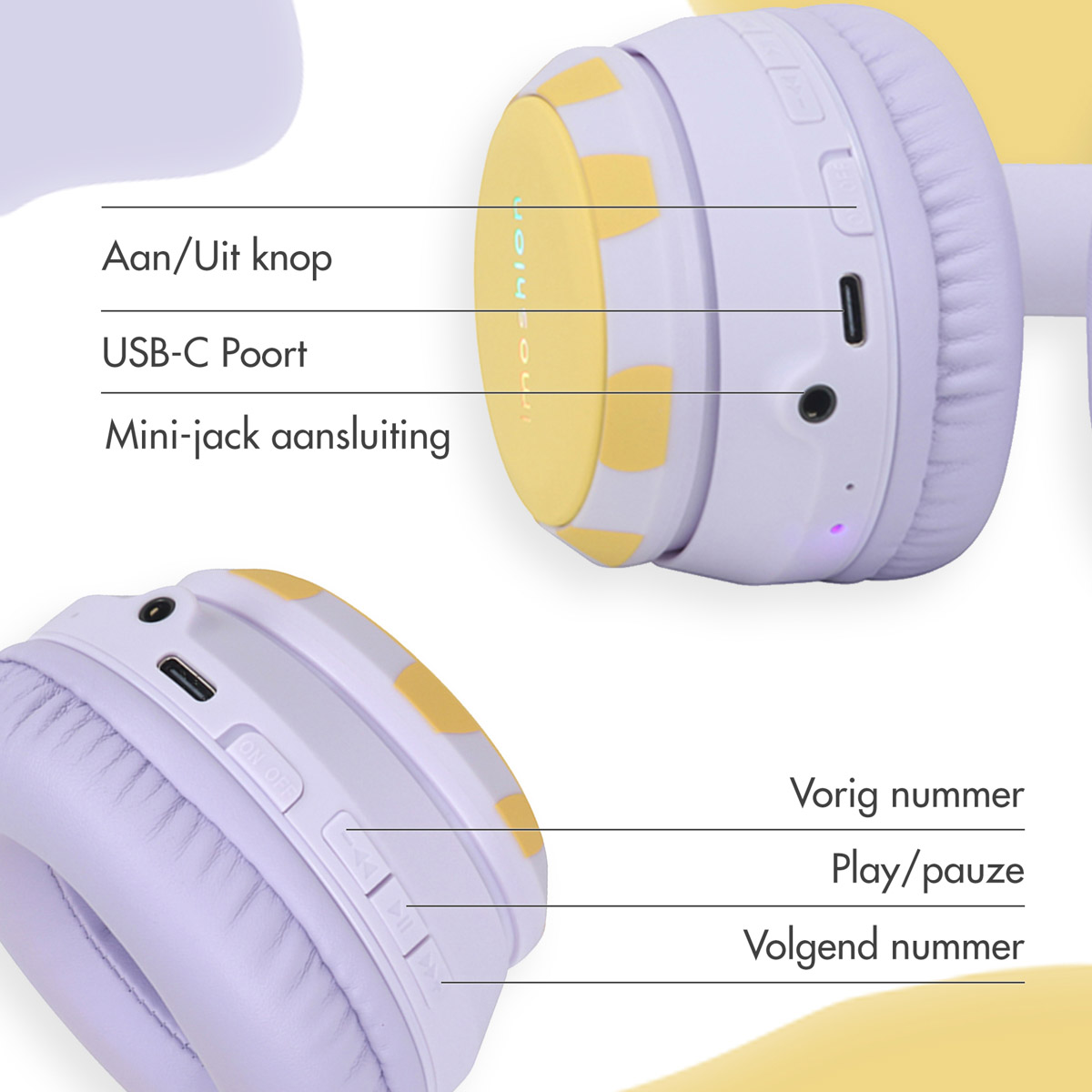 Paarse koptelefoon met labels. Labels: Aan/Uit, USB-C-poort en Mini-jack.