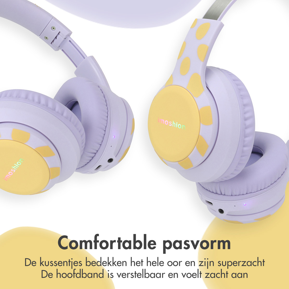 Paarse koptelefoon met gele accenten. Twee draadloze koptelefoons met gele cirkels.