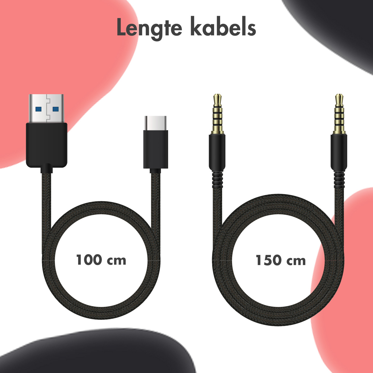 Twee zwarte kabels, USB en Type-C, met lengtes van 100 cm en 150 cm, op roze achtergrond.