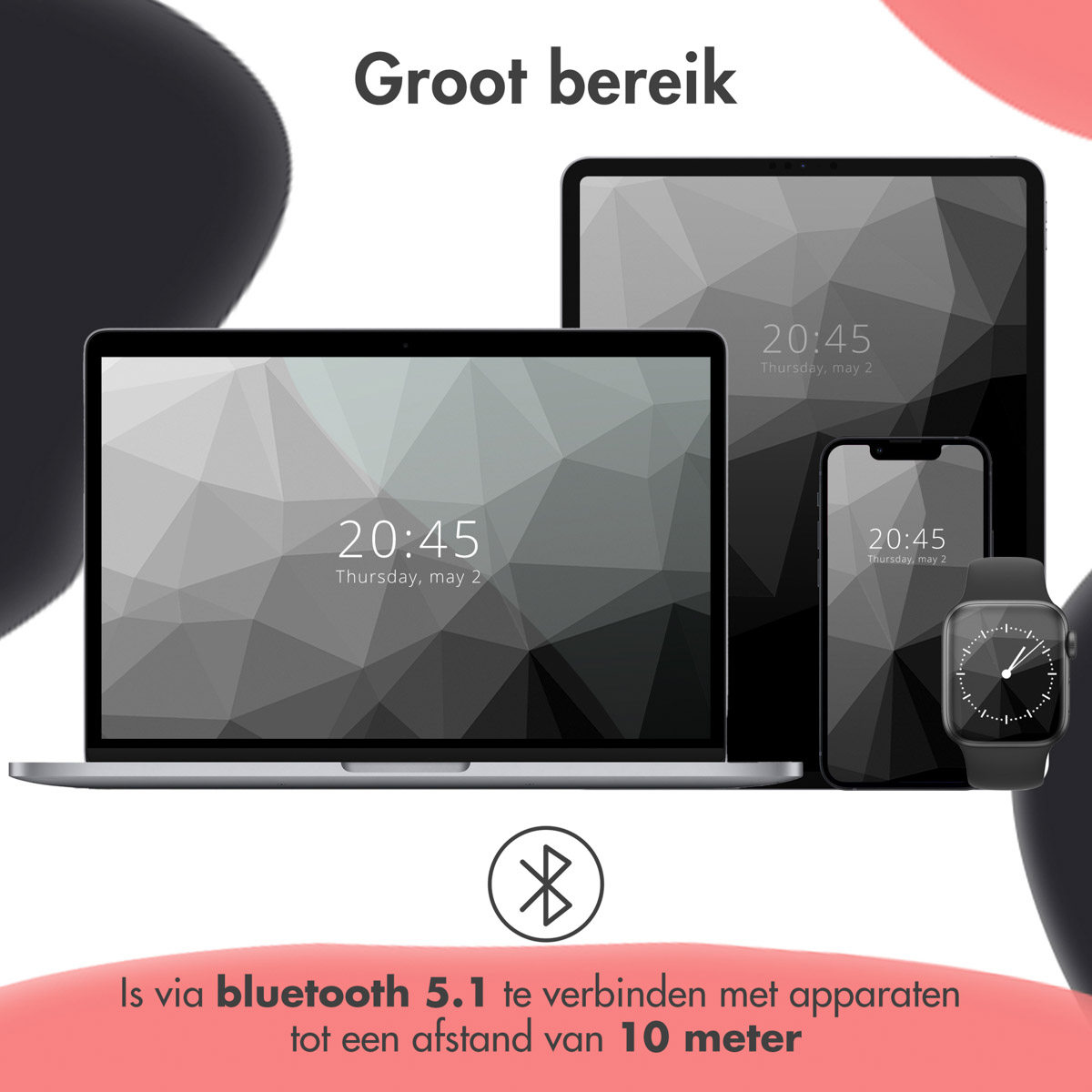 Laptop, tablet, telefoon en smartwatch met tijdweergave, allemaal 20:45. Bluetooth-afbeelding en tekst.