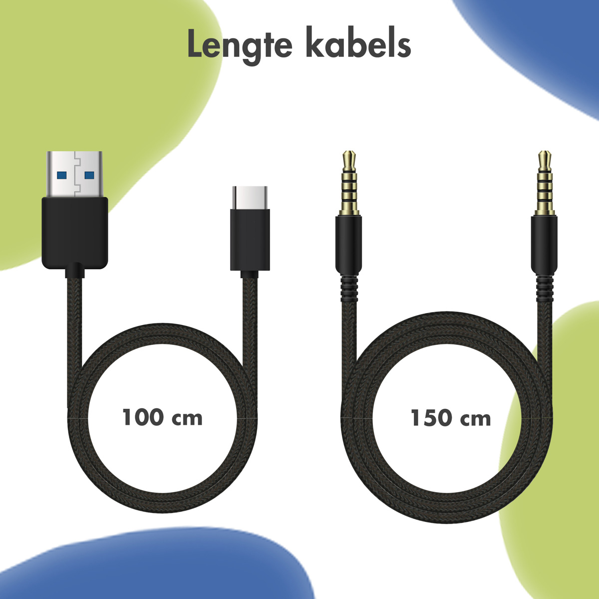 Zwarte USB-kabel, zwarte USB-C-kabel en 3,5 mm audiokabel. Lengtes: 100 cm en 150 cm.