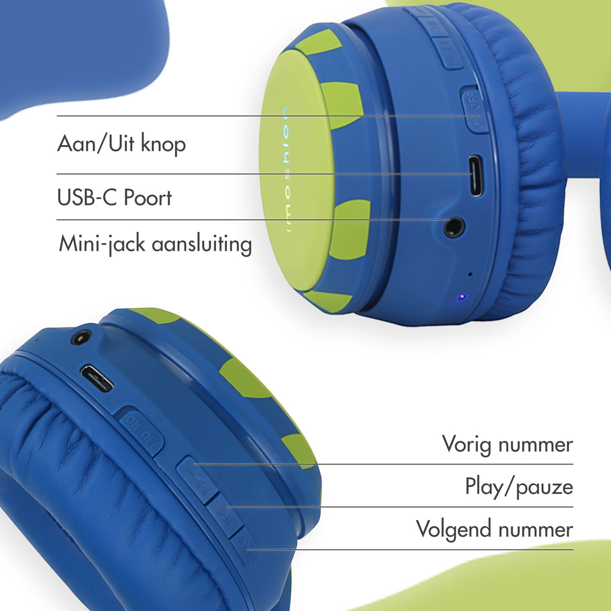 Close-up van een blauwe koptelefoon met knoppen. Tekst: Aan/Uit, USB-C-poort, Mini-jack.