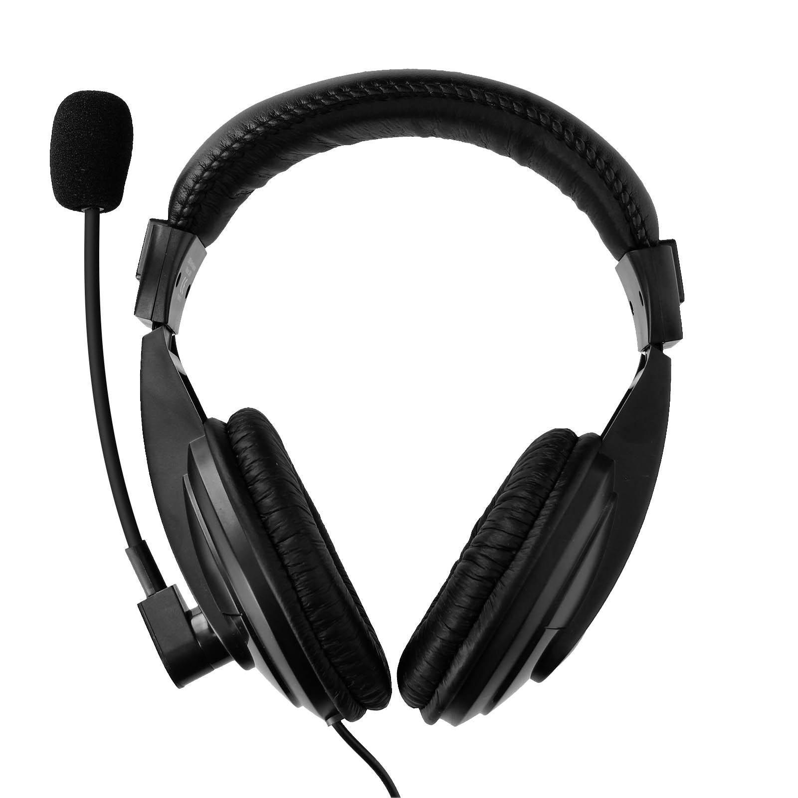 Casque noir avec microphone. Sur fond blanc.