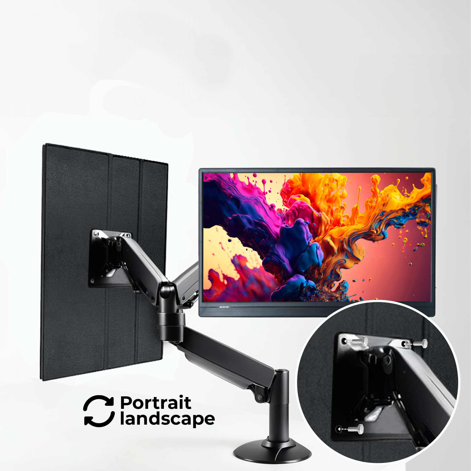 Een monitor gemonteerd op een zwarte verstelbare arm, met een close-up detail van de montage.