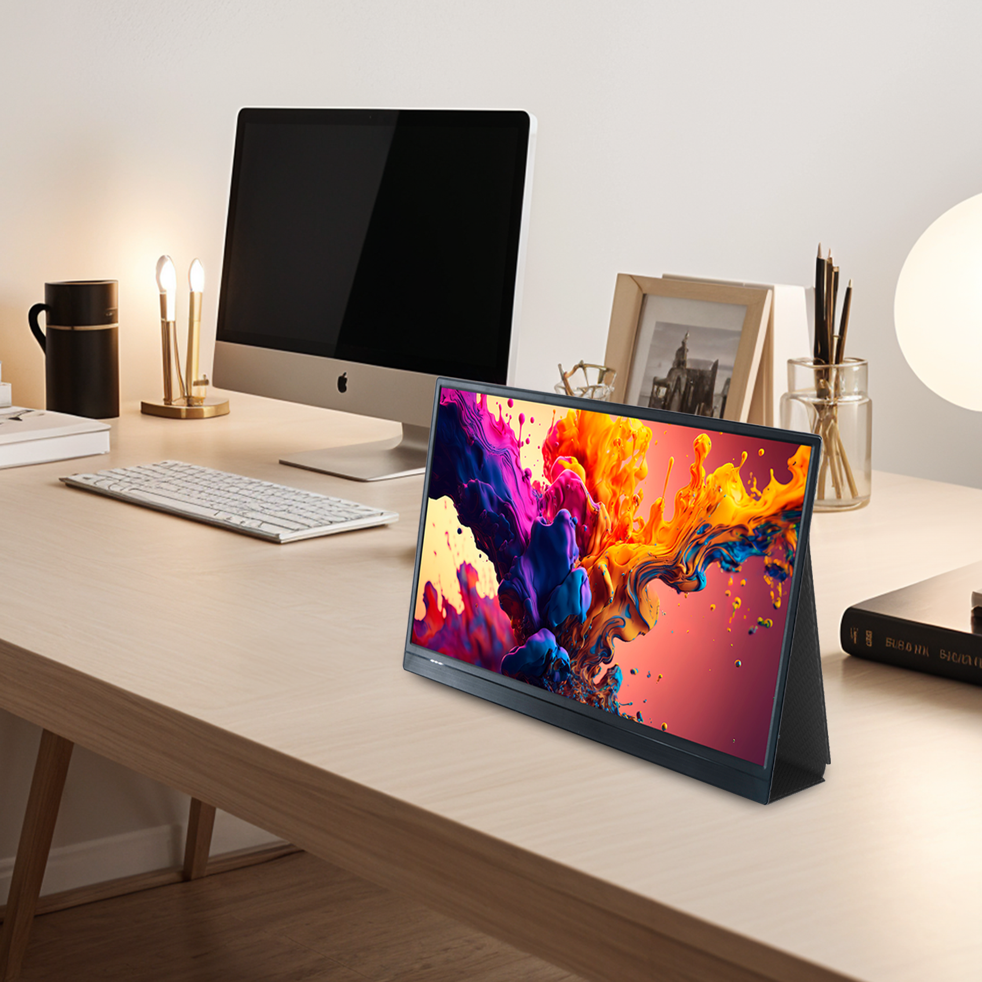 Een monitor toont kleurrijke abstracte kunst op een houten bureau met een computer en accessoires.