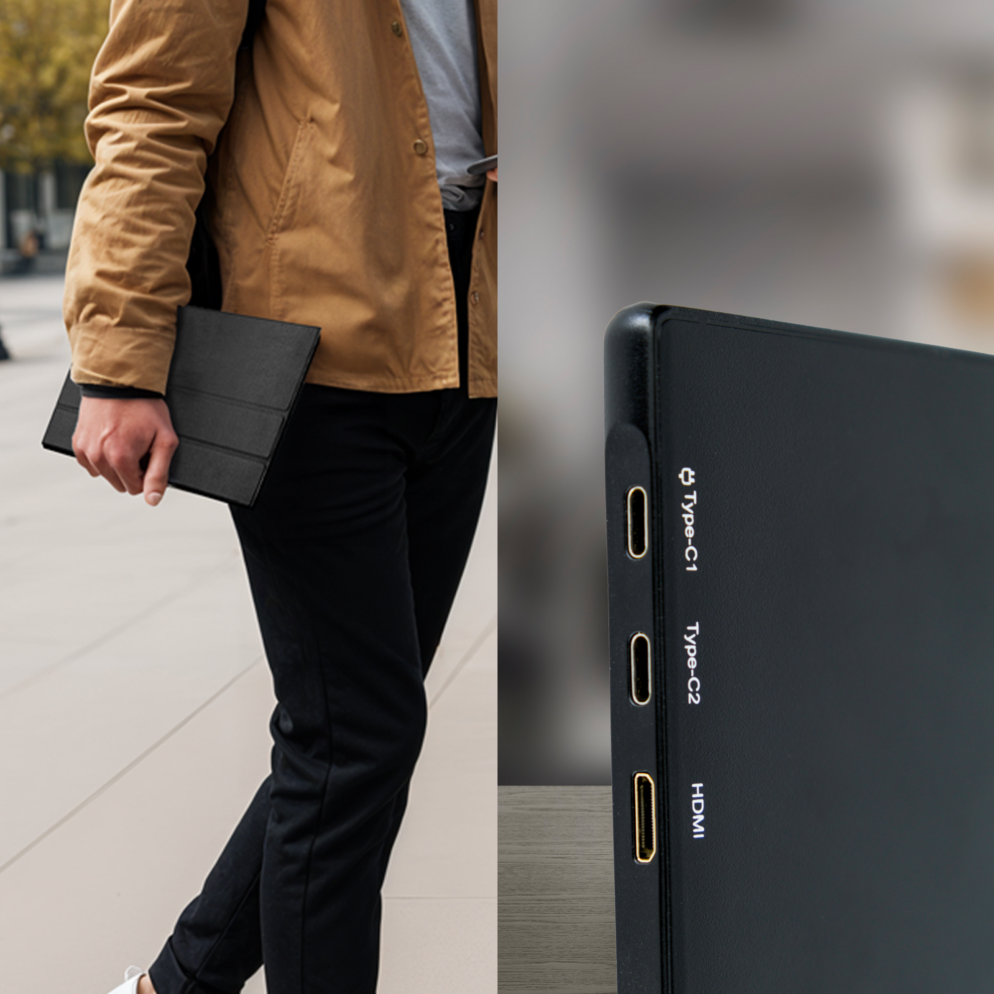 Persoon die een zwarte tablet vasthoudt met zichtbare poorten. Type-C- en HDMI-poorten zijn gelabeld.