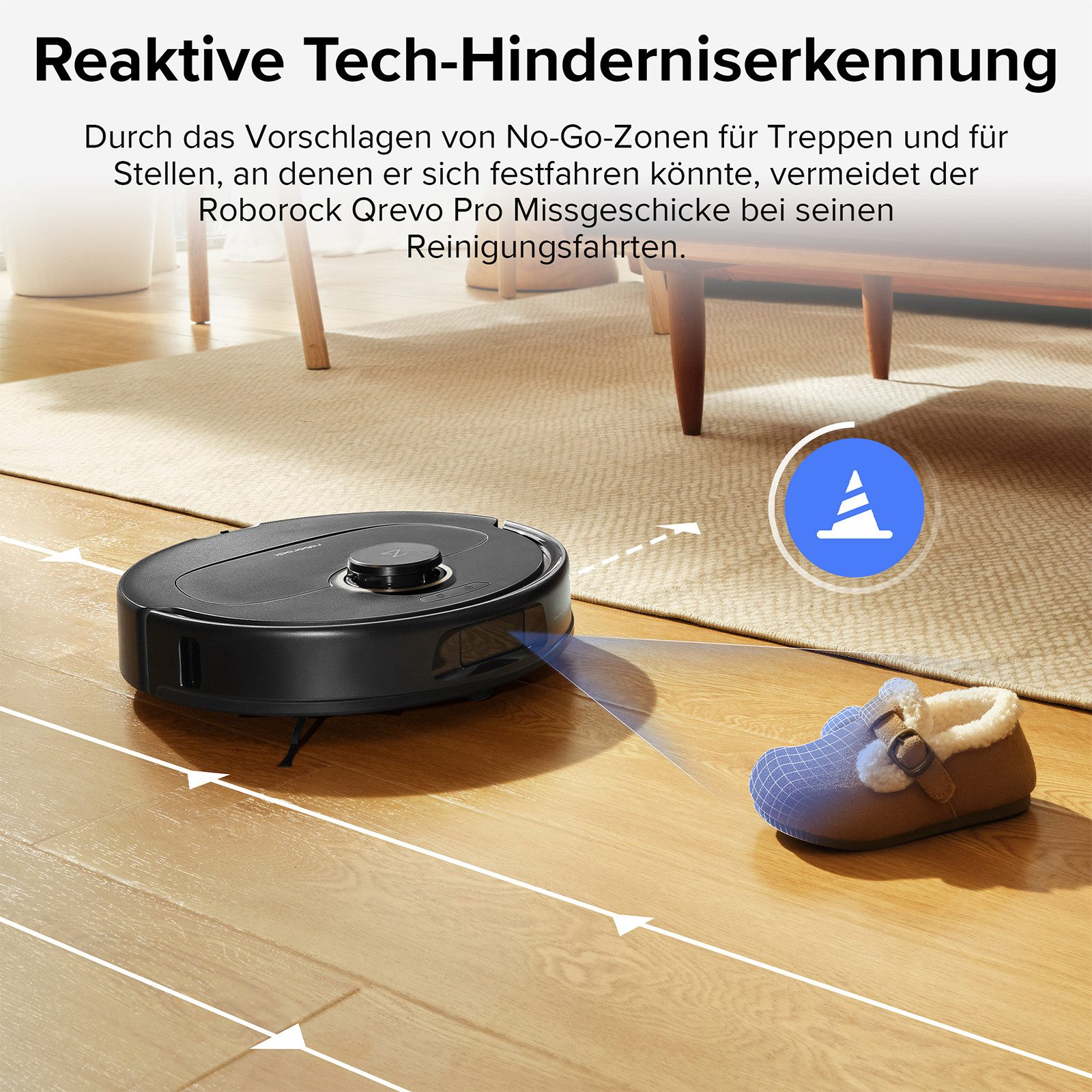 Aspirateur Roborock avec une pantoufle sur le sol. Texte sur l'évitement d'obstacles et les caractéristiques de sécurité.