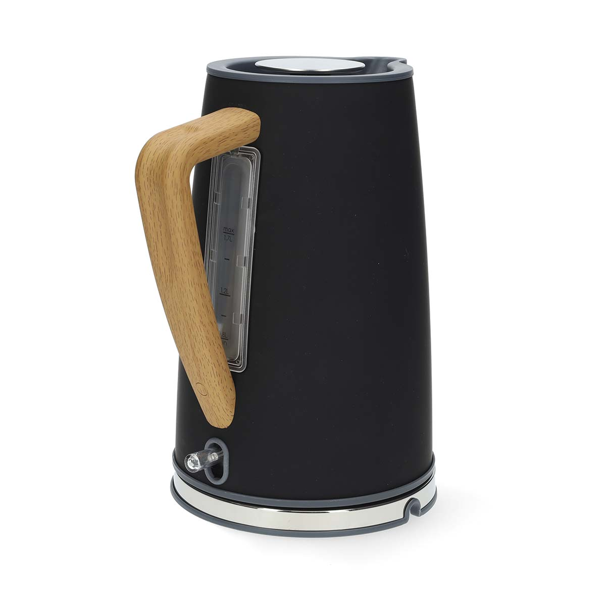 Czarny czajnik z drewnianym uchwytem i okienkiem poziomu wody.