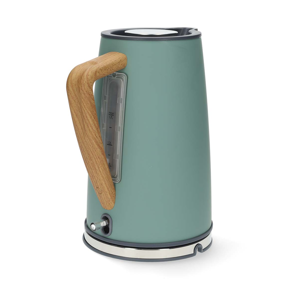 Turkusowy czajnik elektryczny z drewnianym uchwytem i wskaźnikiem poziomu wody.