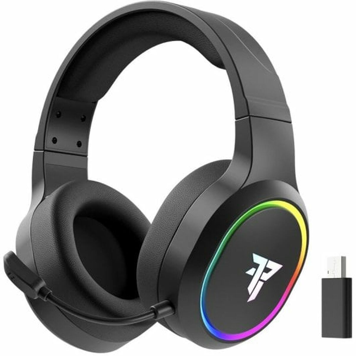 Cuffie da gioco nere con microfono e ricevitore USB. Anello colorato sul padiglione.