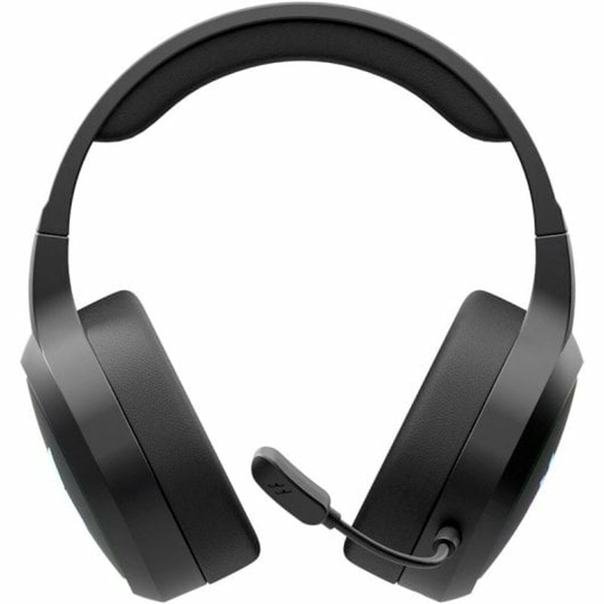 Cuffie nere con microfono. Le cuffie sono over-ear e piegate.
