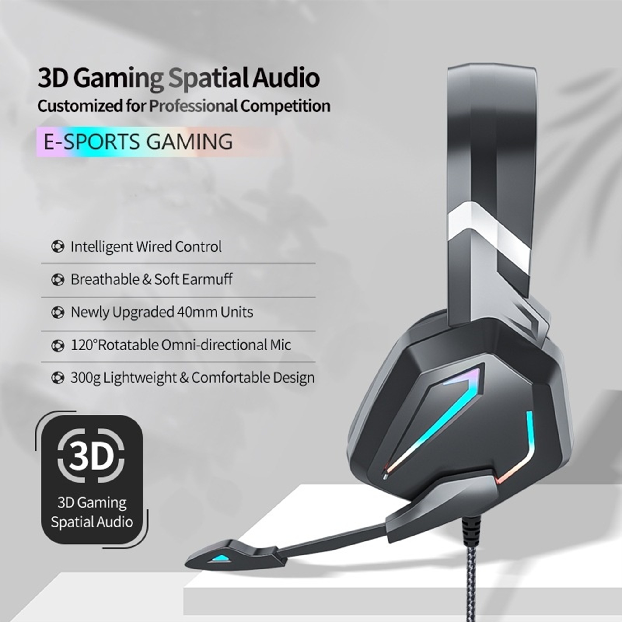 Schwarzes Gaming-Headset mit Mikrofon, weißer Hintergrund und Text über Funktionen sowie 3D-Logo.