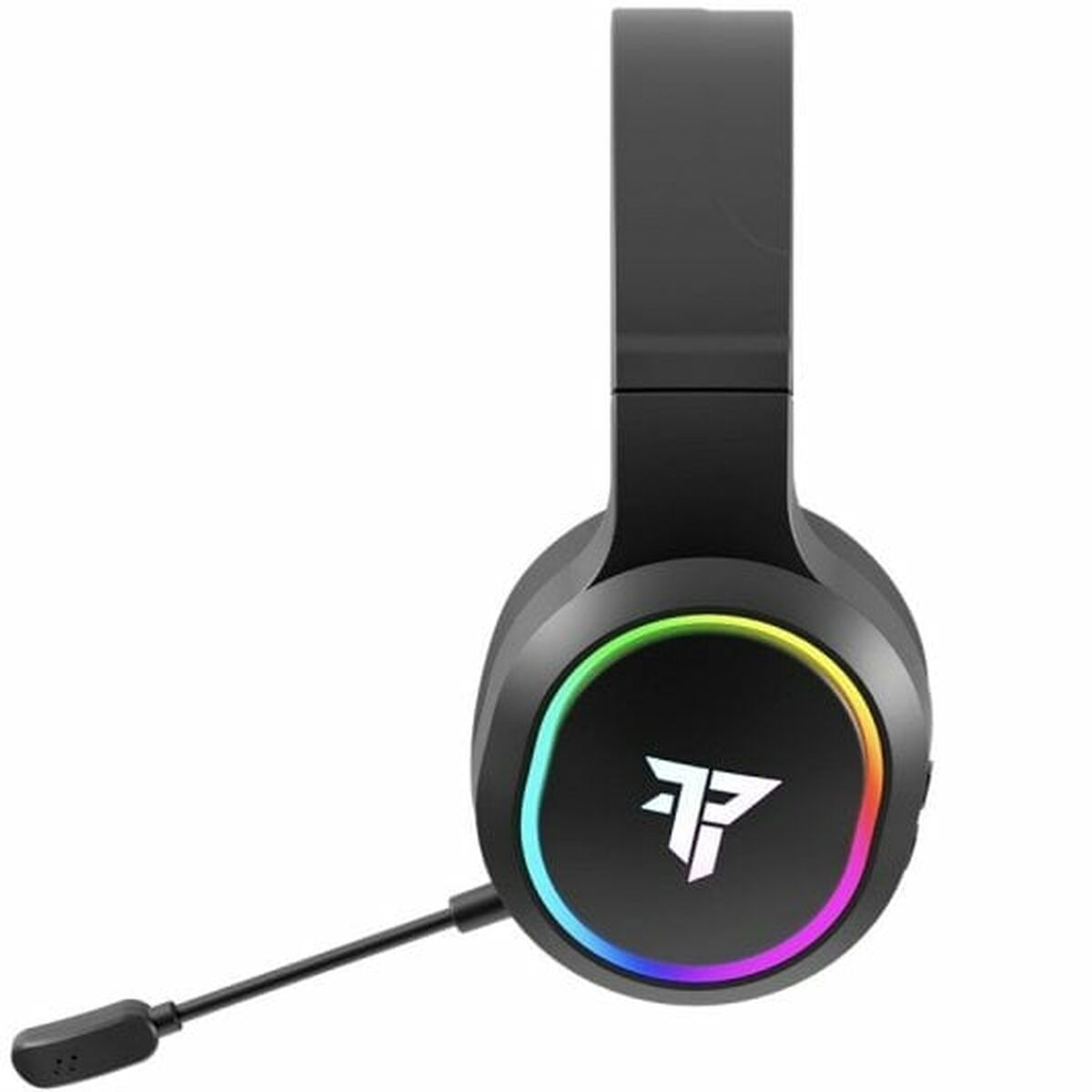 Cuffie da gioco nere con cerchio arcobaleno e microfono nero.