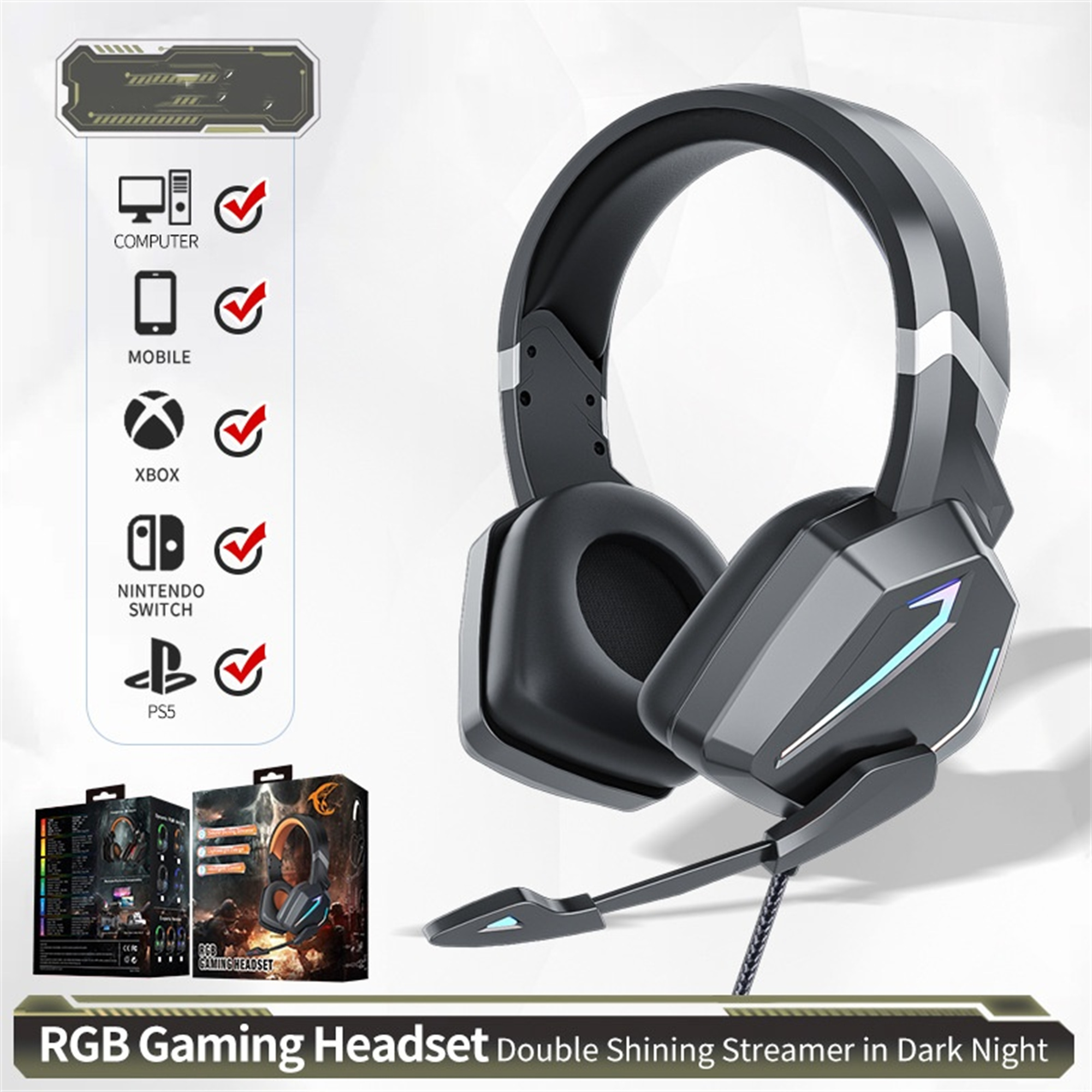 Schwarzes Gaming-Headset. Box mit Kompatibilitätssymbolen. Text: RGB Gaming Headset, Double Shining Streamer in Dark Night.