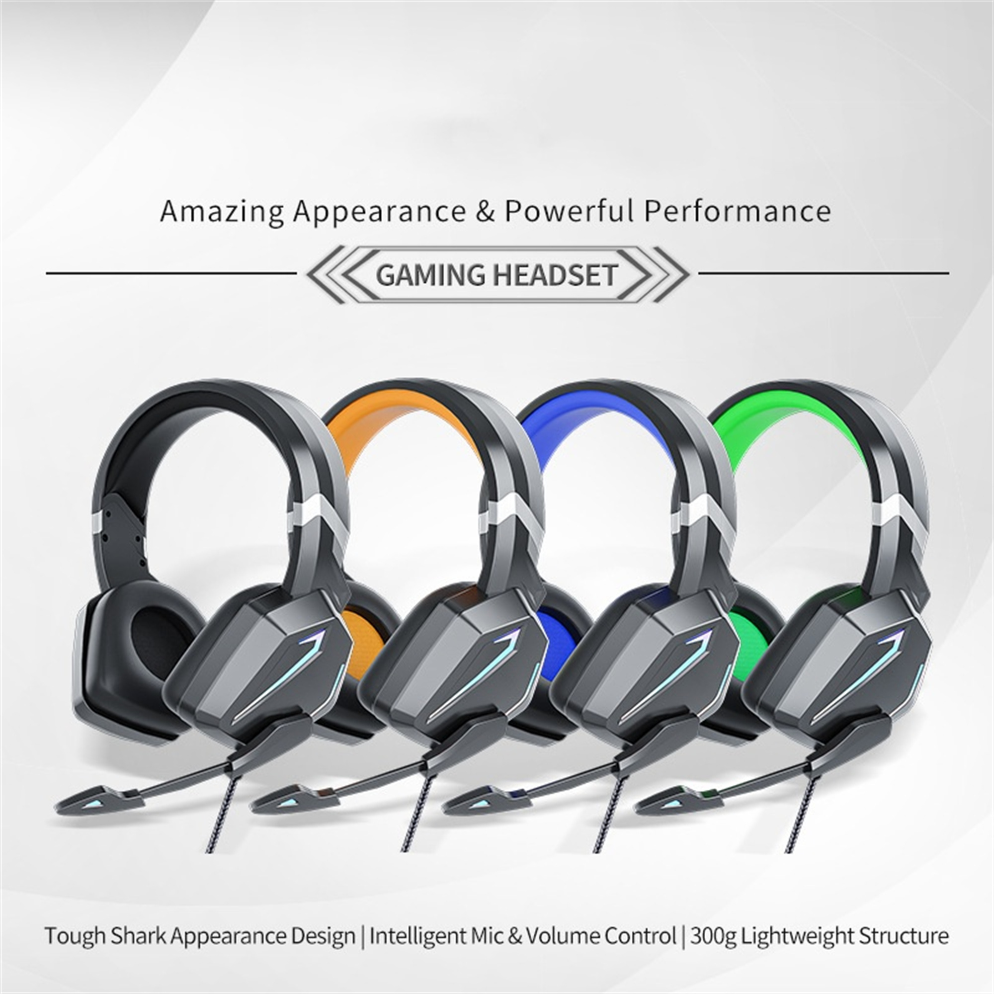 Kopfhörer in vier Farben: Schwarz, Orange, Blau und Grün. Text: Gaming-Headset.
