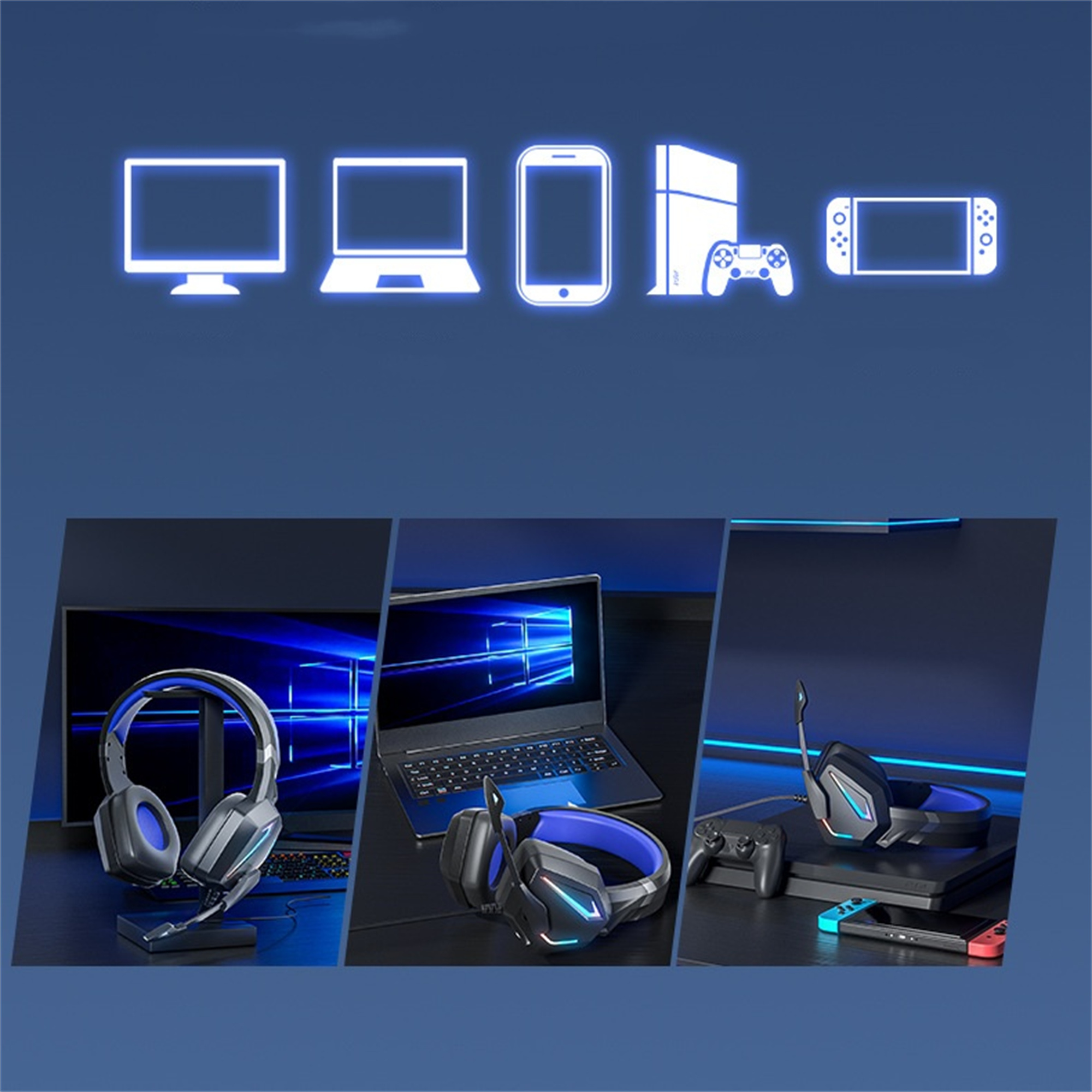 Gaming-Setup: Monitor, Laptop, Telefon, Spielkonsole, Controller und Handheld-Gerät. Kopfhörer und Gaming-Zubehör.