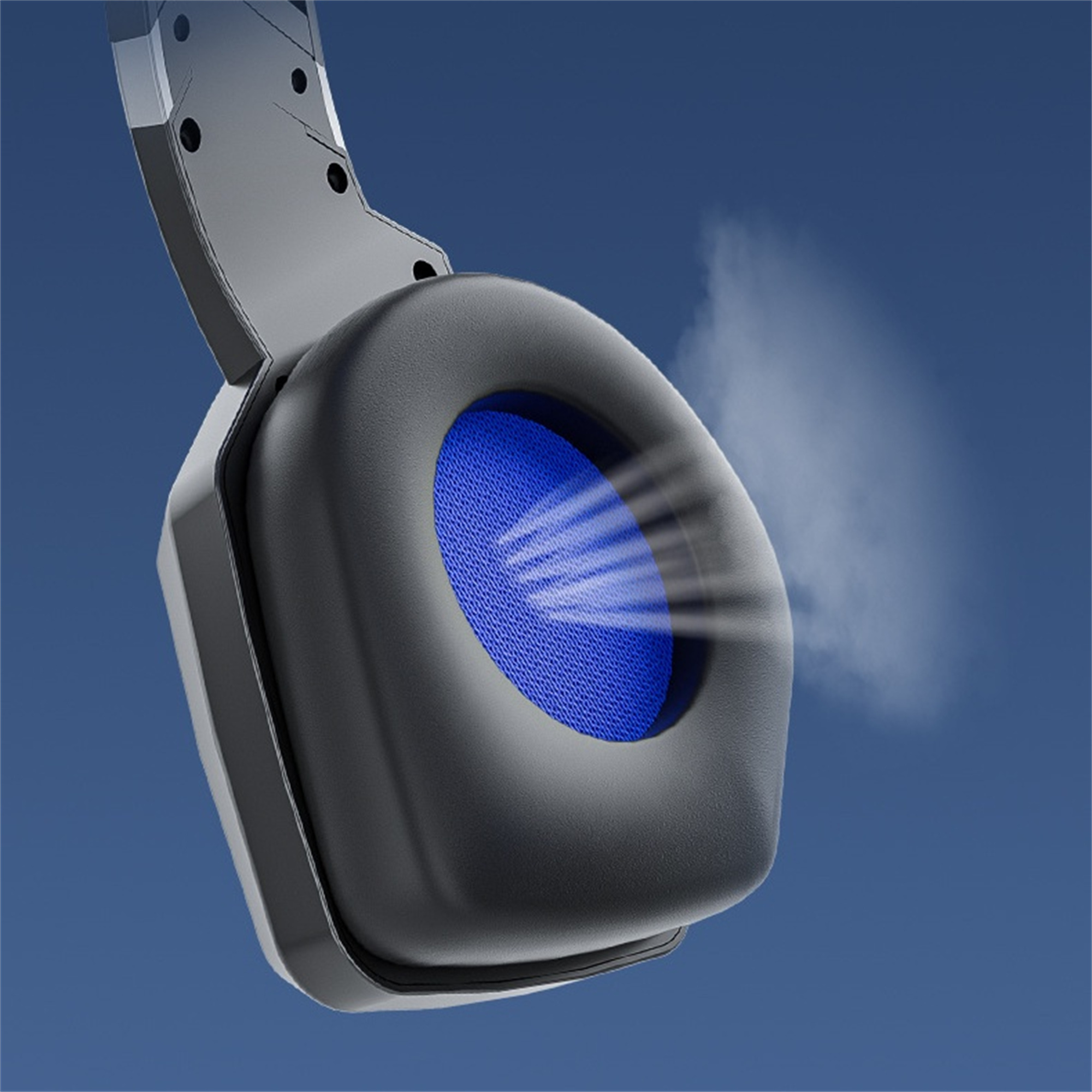 Gaming-Headset mit blauen Mesh-Ohrmuscheln und dunkelgrauer Außenseite.