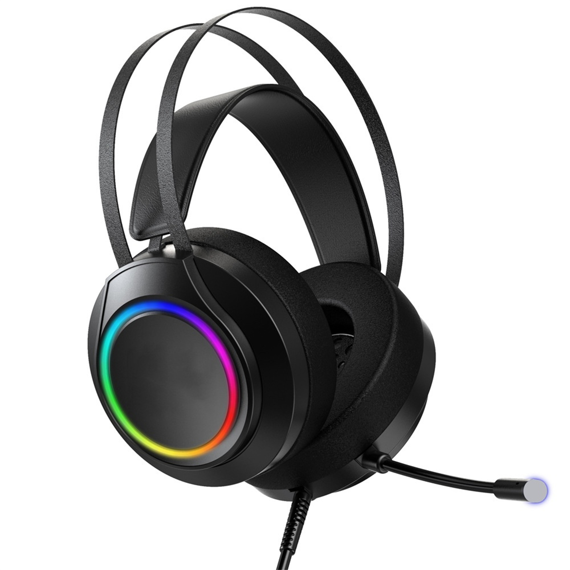 Schwarzes Gaming-Headset mit RGB-Beleuchtung und Mikrofon, auf weißem Hintergrund.