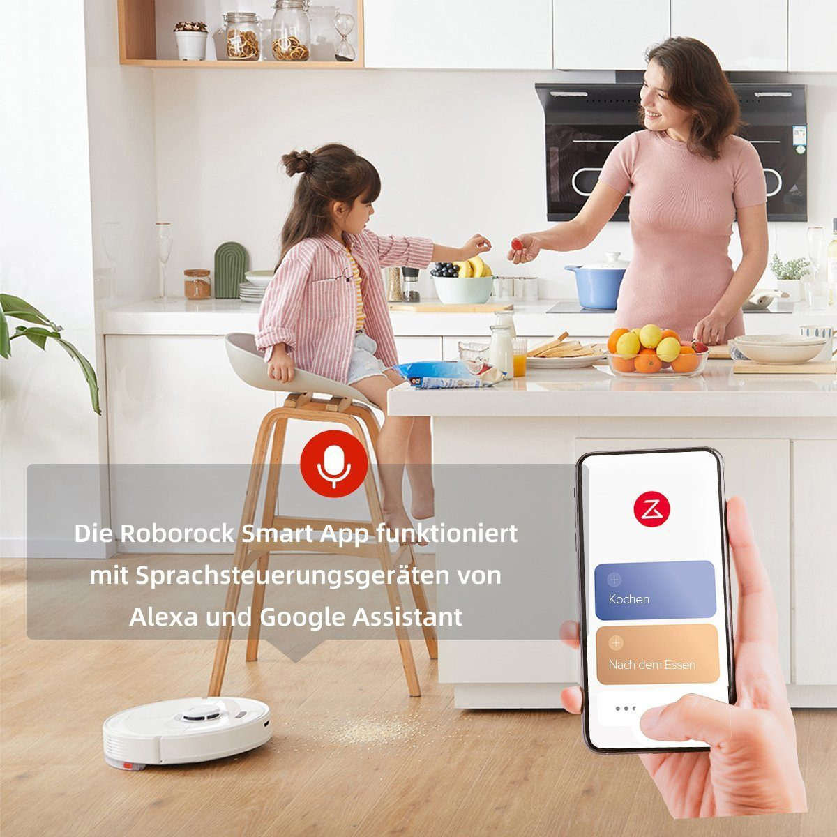 Una donna e una bambina in cucina con un aspirapolvere robot bianco e un telefono che mostra un'app intelligente.