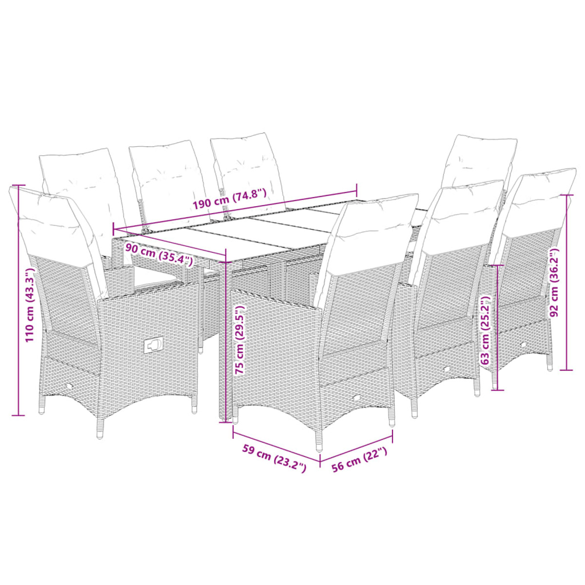 Ein Diagramm zeigt einen rechteckigen Tisch mit acht Stühlen, Abmessungen in cm und Zoll.