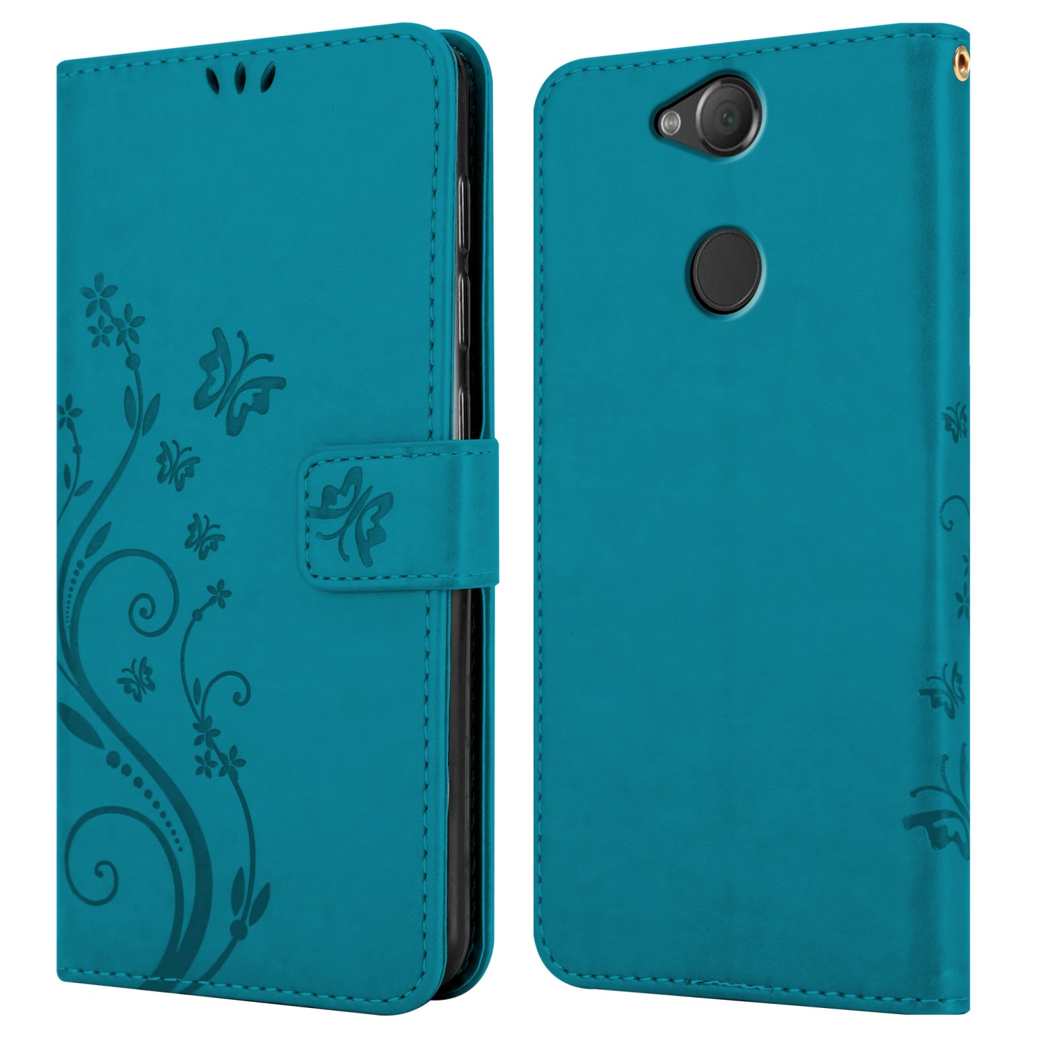 Custodia per telefono turchese con design floreale e farfalle, aperta e chiusa.