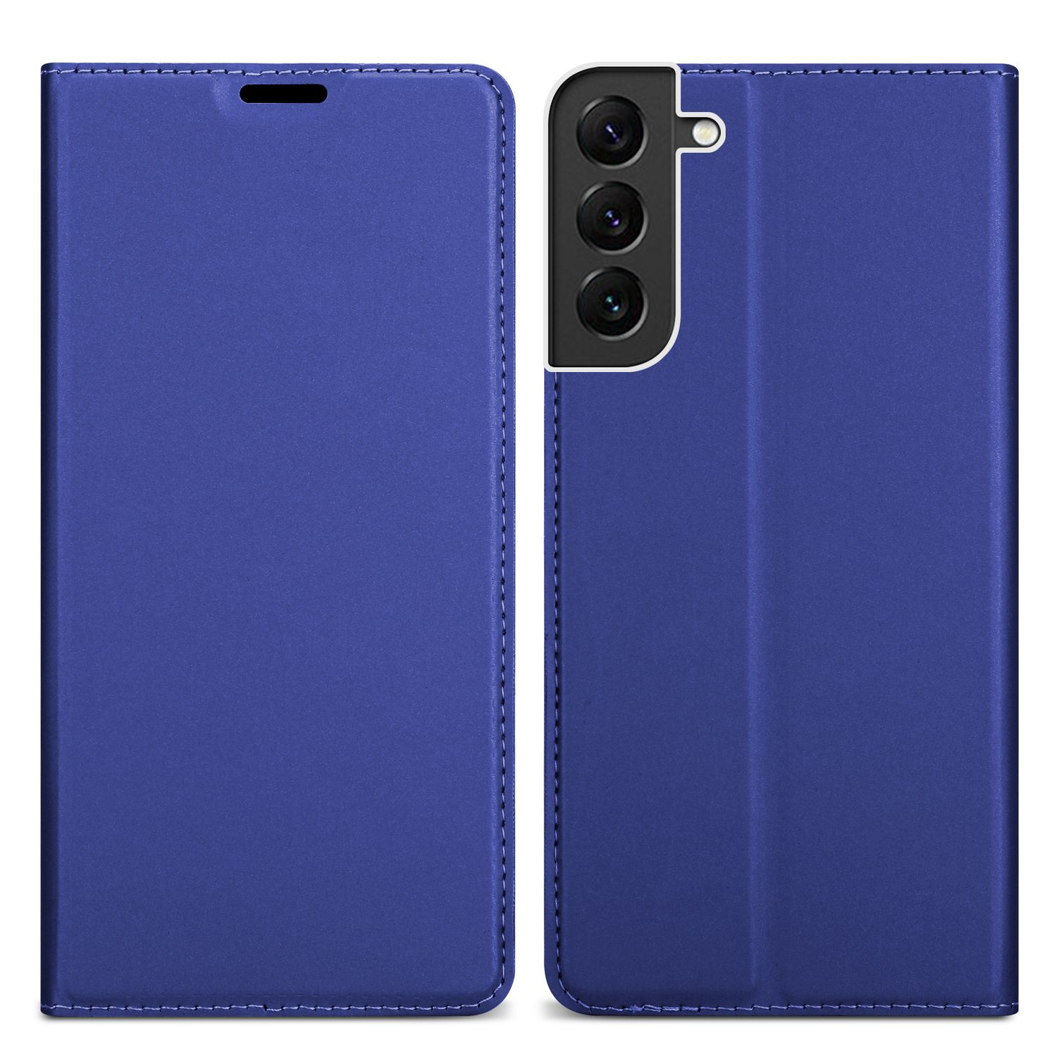 Custodia per telefono blu aperta, che mostra la fotocamera e i pulsanti del telefono. La custodia è blu.