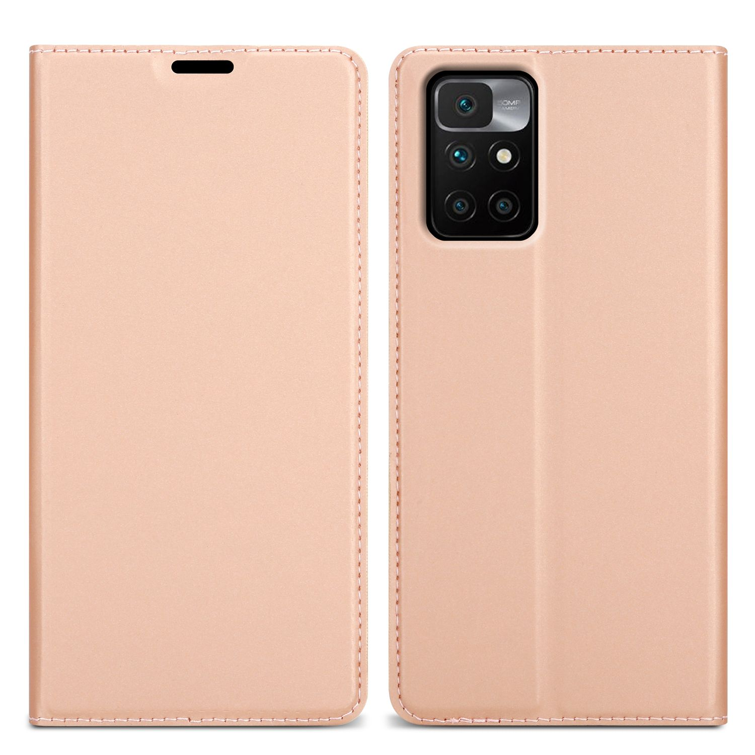 Una custodia rosa per telefono, aperta, con un telefono all'interno.