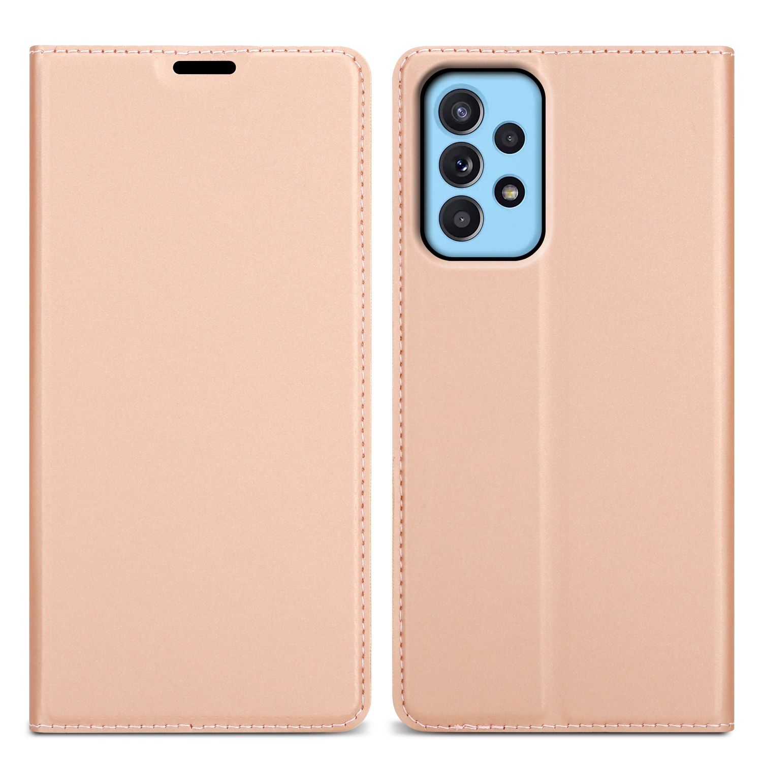 Una custodia per telefono rosa con un telefono all'interno, mostrata aperta. Ha un ritaglio per la fotocamera e si trova su una superficie bianca.