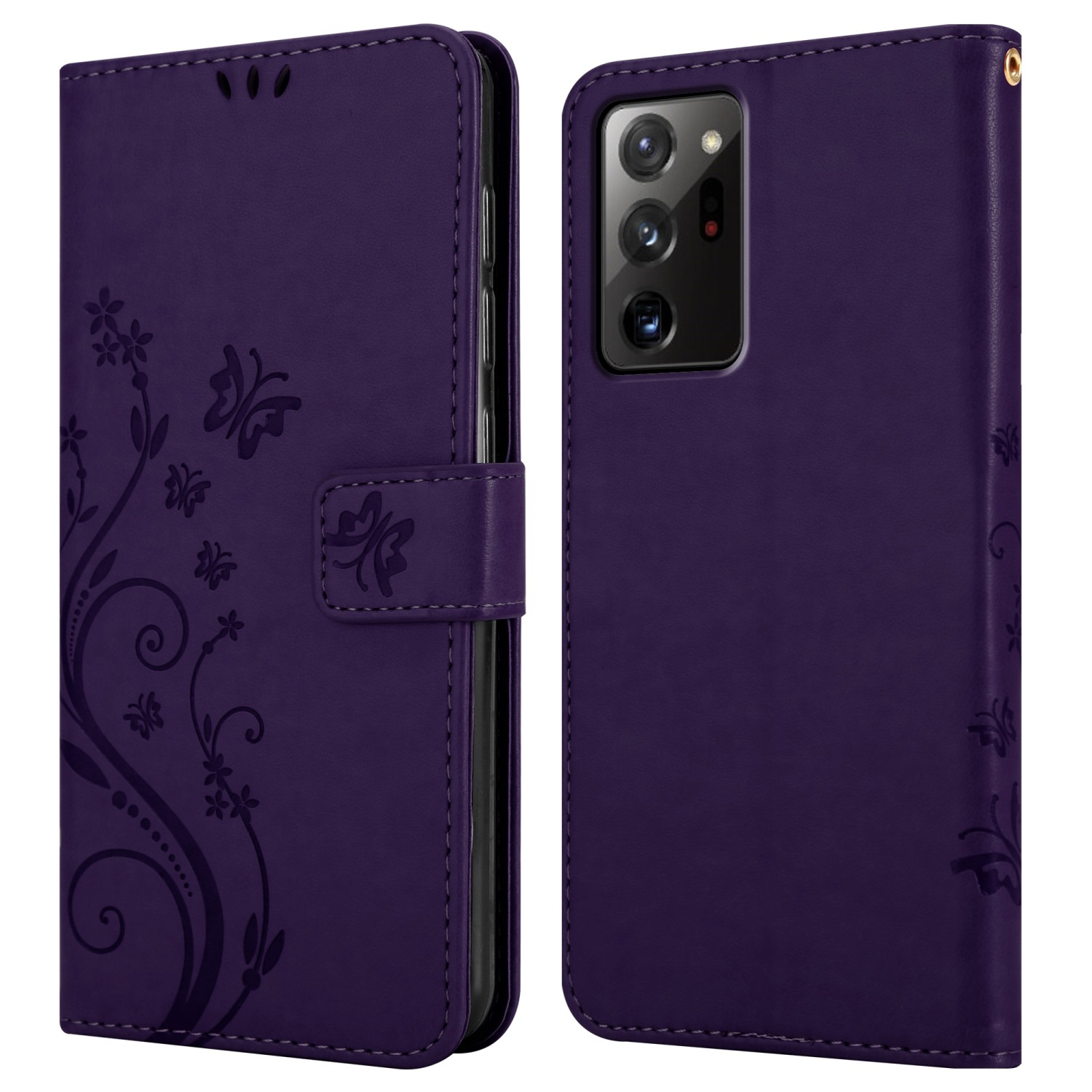 Una custodia viola per telefono in due viste, che mostra il design floreale e la fotocamera.