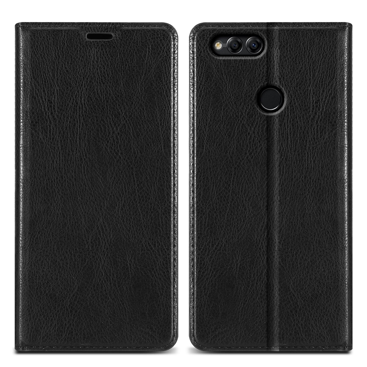 Una funda de teléfono de cuero negro, abierta y cerrada, con una textura suave. El teléfono tiene una cámara dual.