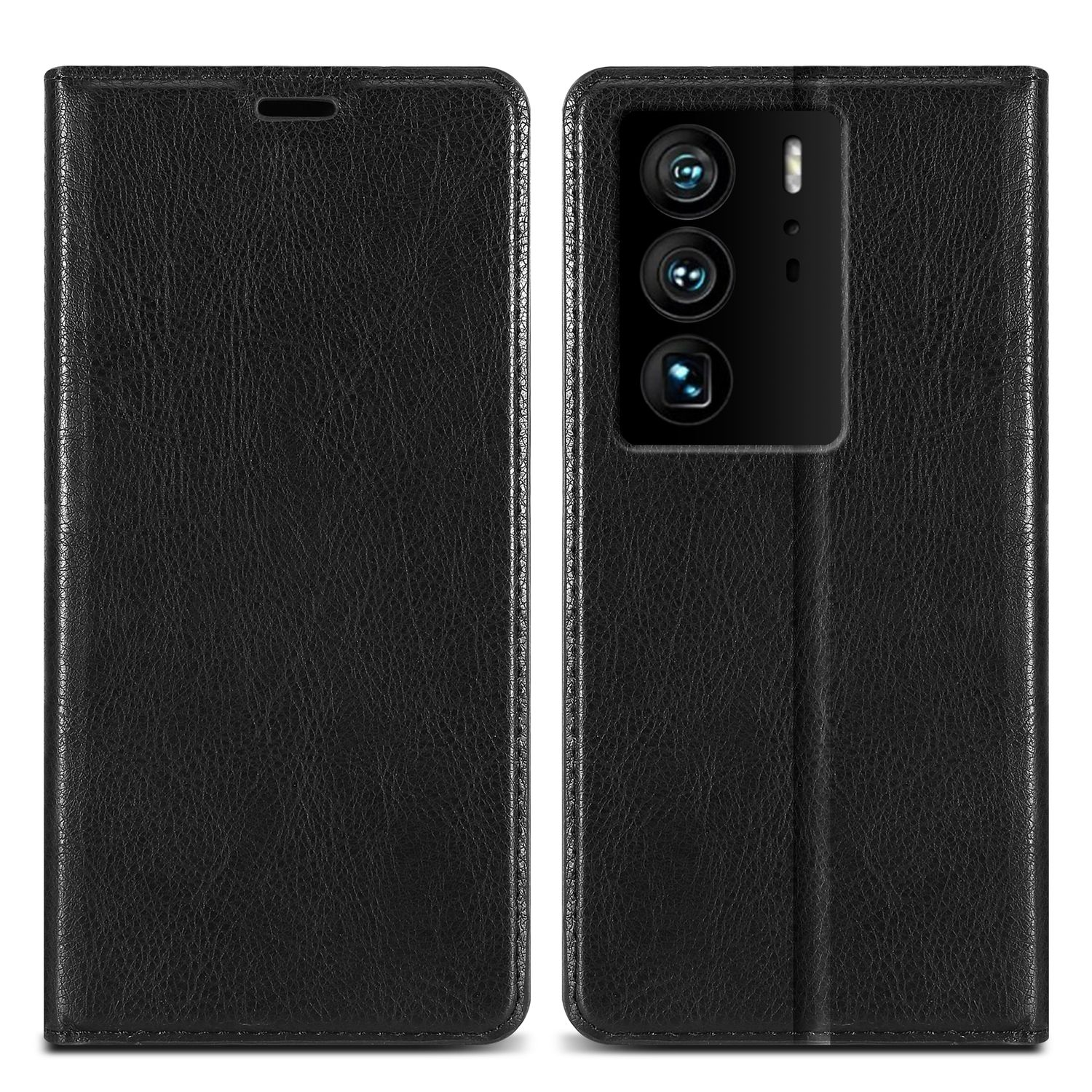 Una custodia per telefono in pelle nera chiusa. La parte anteriore mostra una superficie strutturata, il retro ha un modulo fotocamera.