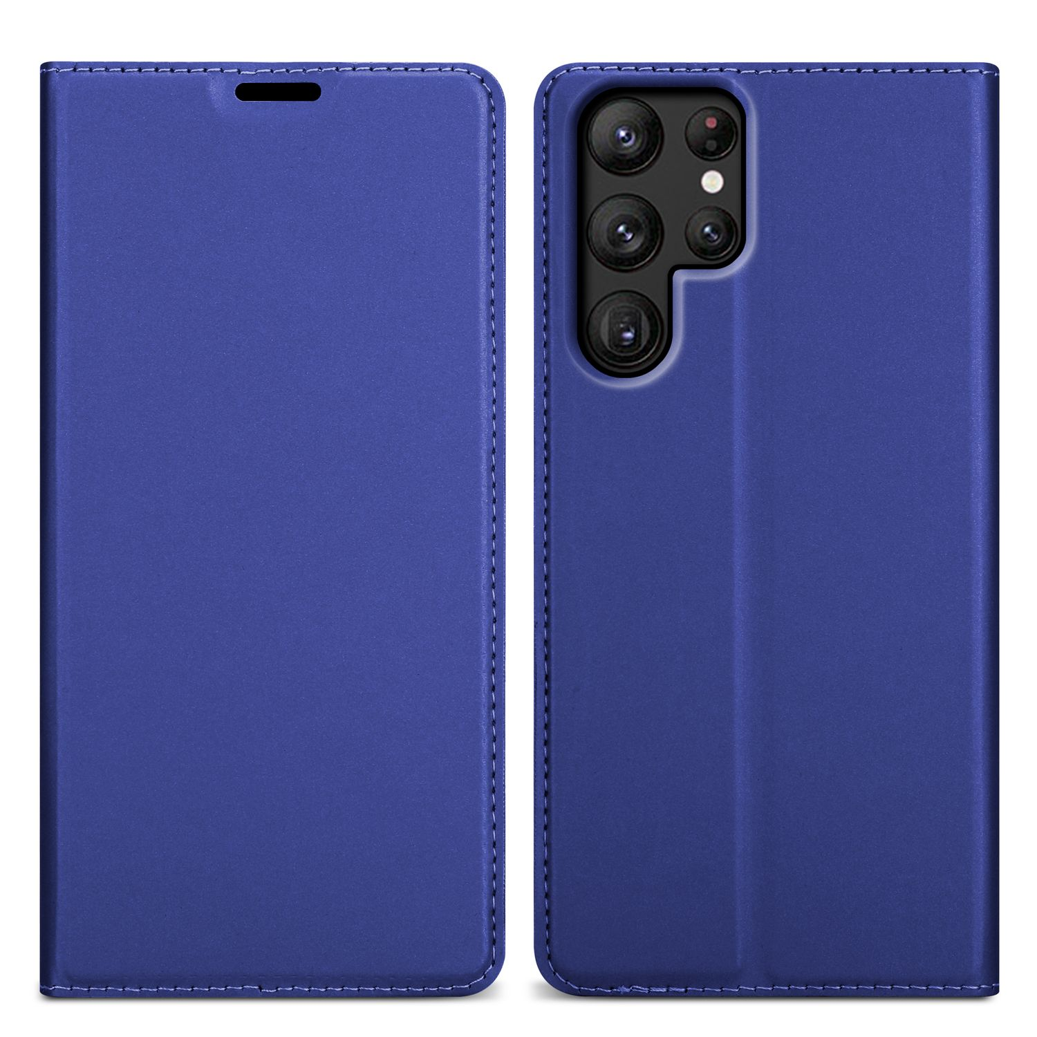 Blaue Handyhülle, geschlossen. Zeigt Vorder- und Rückseite. Blaue Farbe.