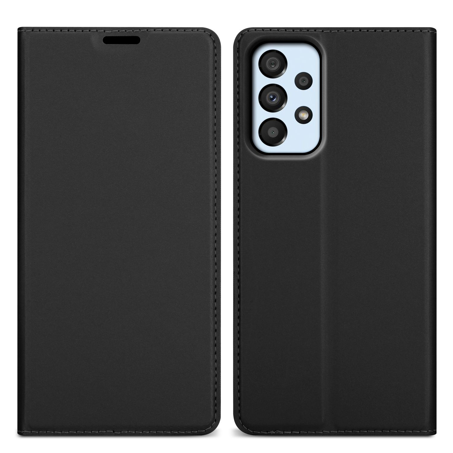 Schwarze Handyhülle mit Rückseite, Vorderseite und Telefon im Inneren.