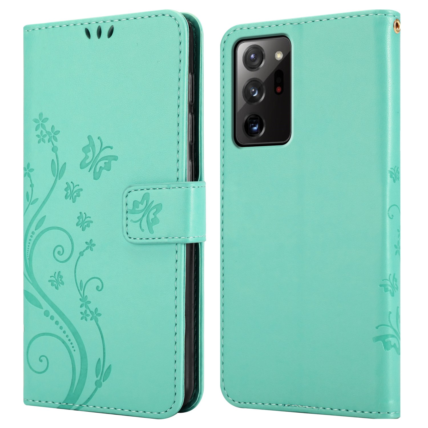 Custodia per telefono turchese con design a farfalle e floreale e chiusura magnetica. La custodia è chiusa.