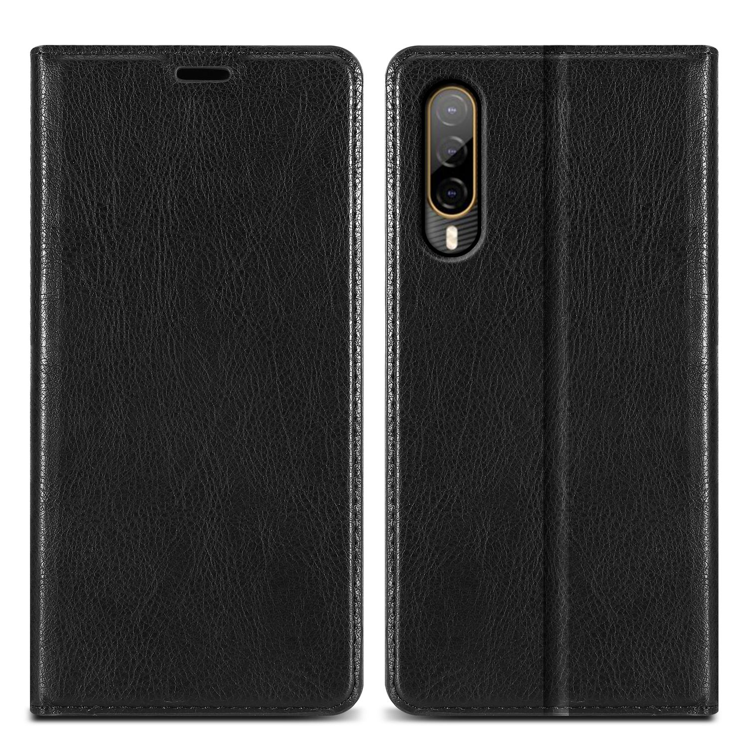 Custodia per telefono in pelle nera, aperta e chiusa, che mostra un telefono con tripla fotocamera.