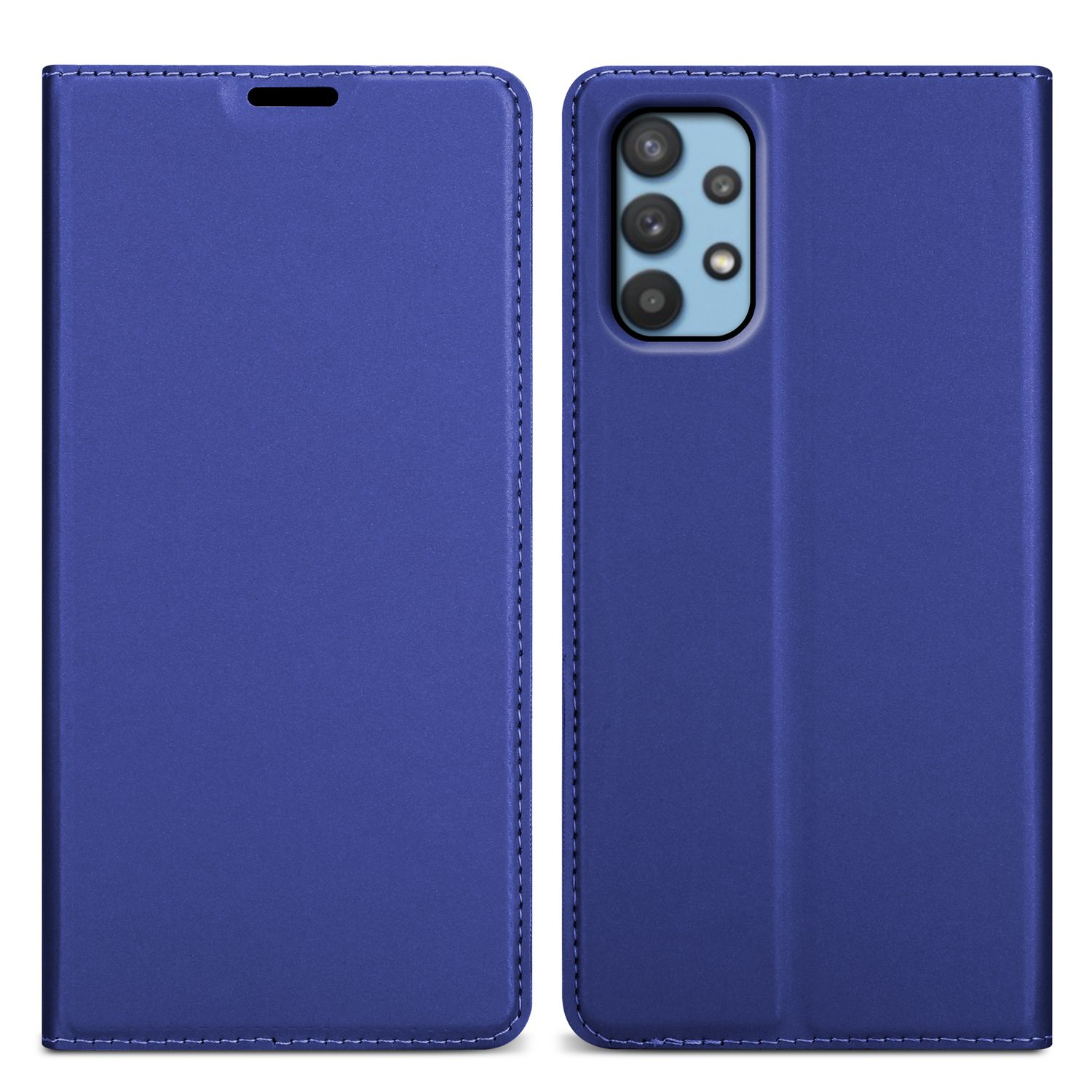Blaue Handyhülle, offen. Die Rückseite des Telefons mit Kameras ist sichtbar. Die Hülle ist blau.