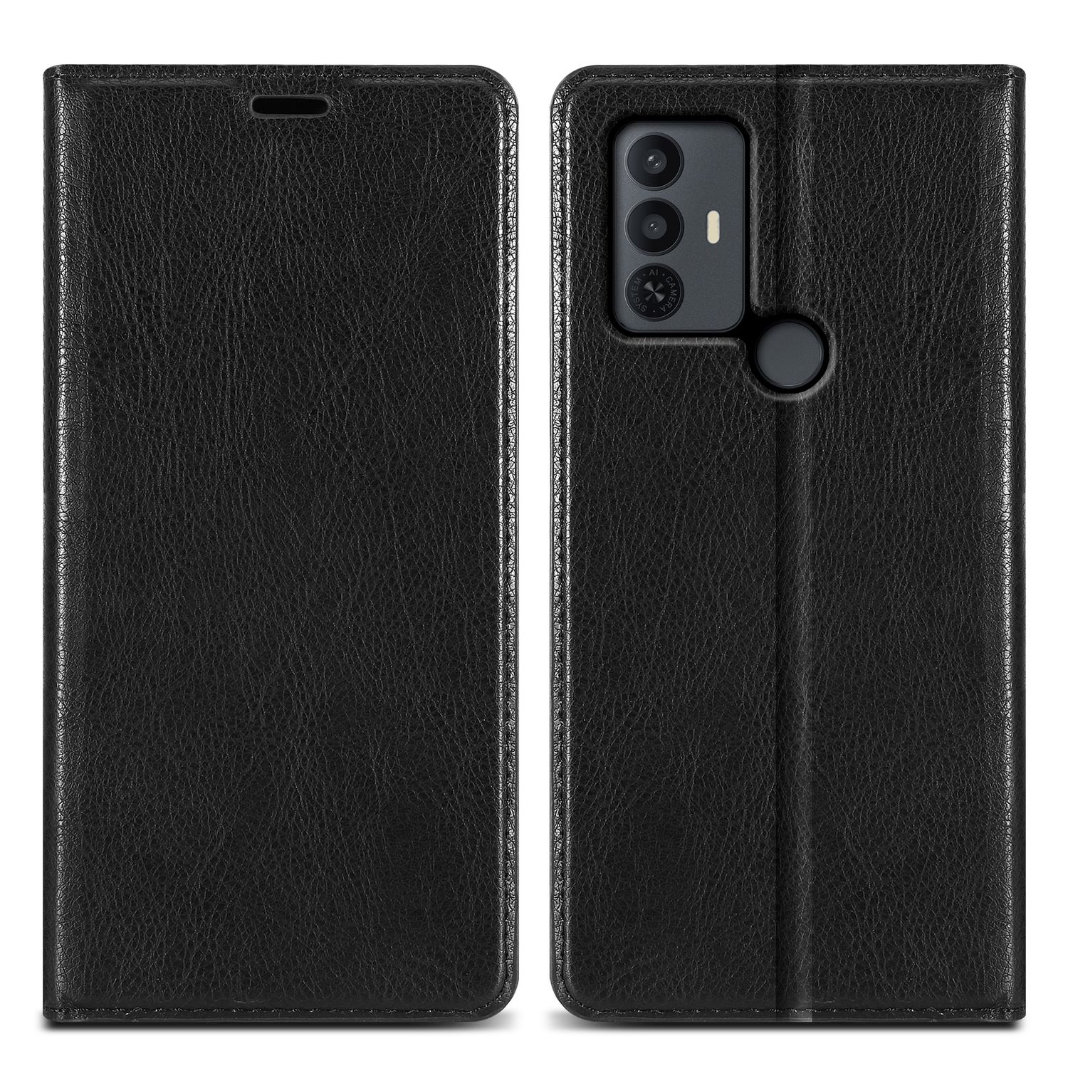 Custodia per telefono nera, chiusa e aperta. Materiale strutturato simile alla pelle, con telefono dentro.
